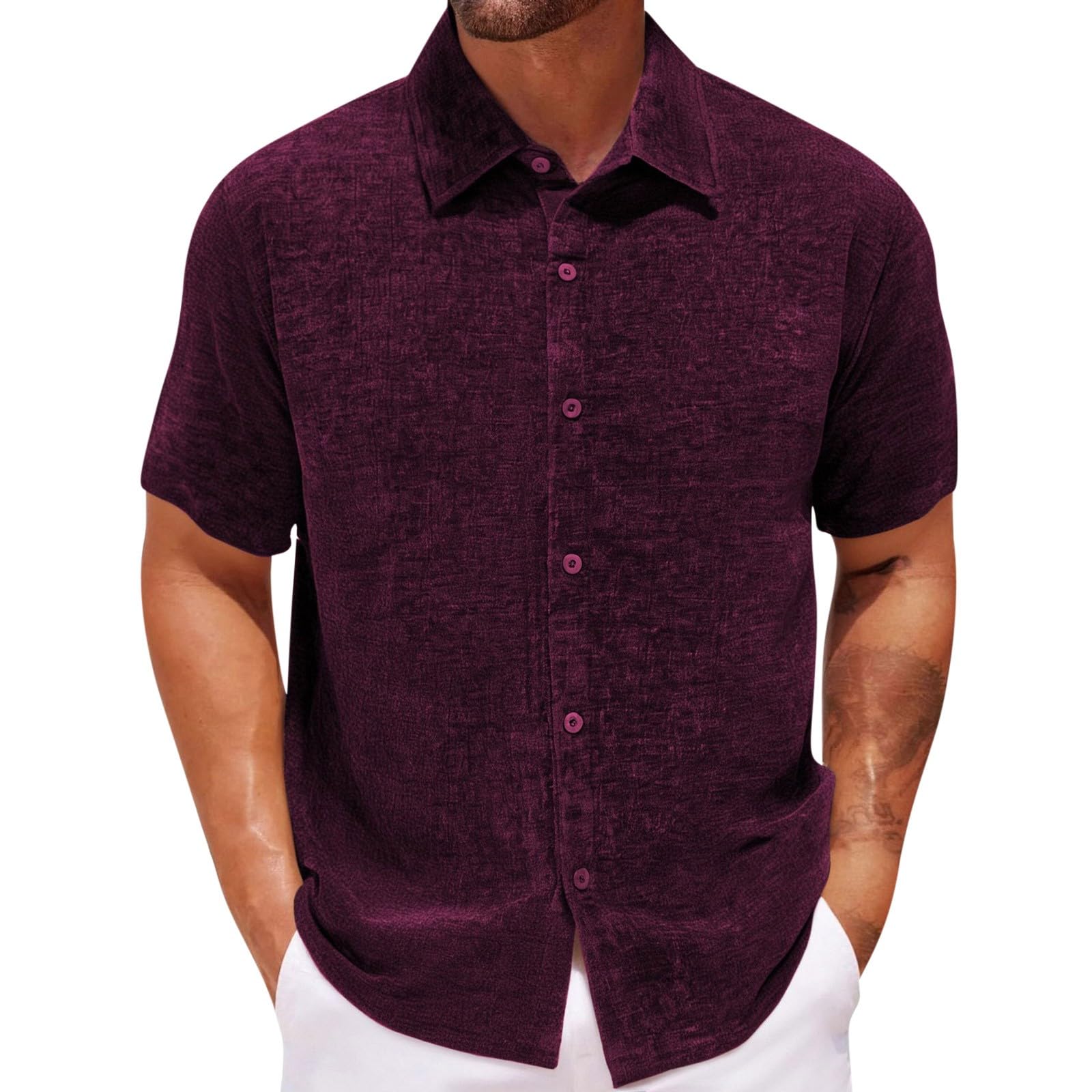 Mens Button Down Shirt Short Sleeve Loose Fit Cuban Summer Beach Tops Vintage Plain Lightweight Textured Wrinkle Free Blouse
