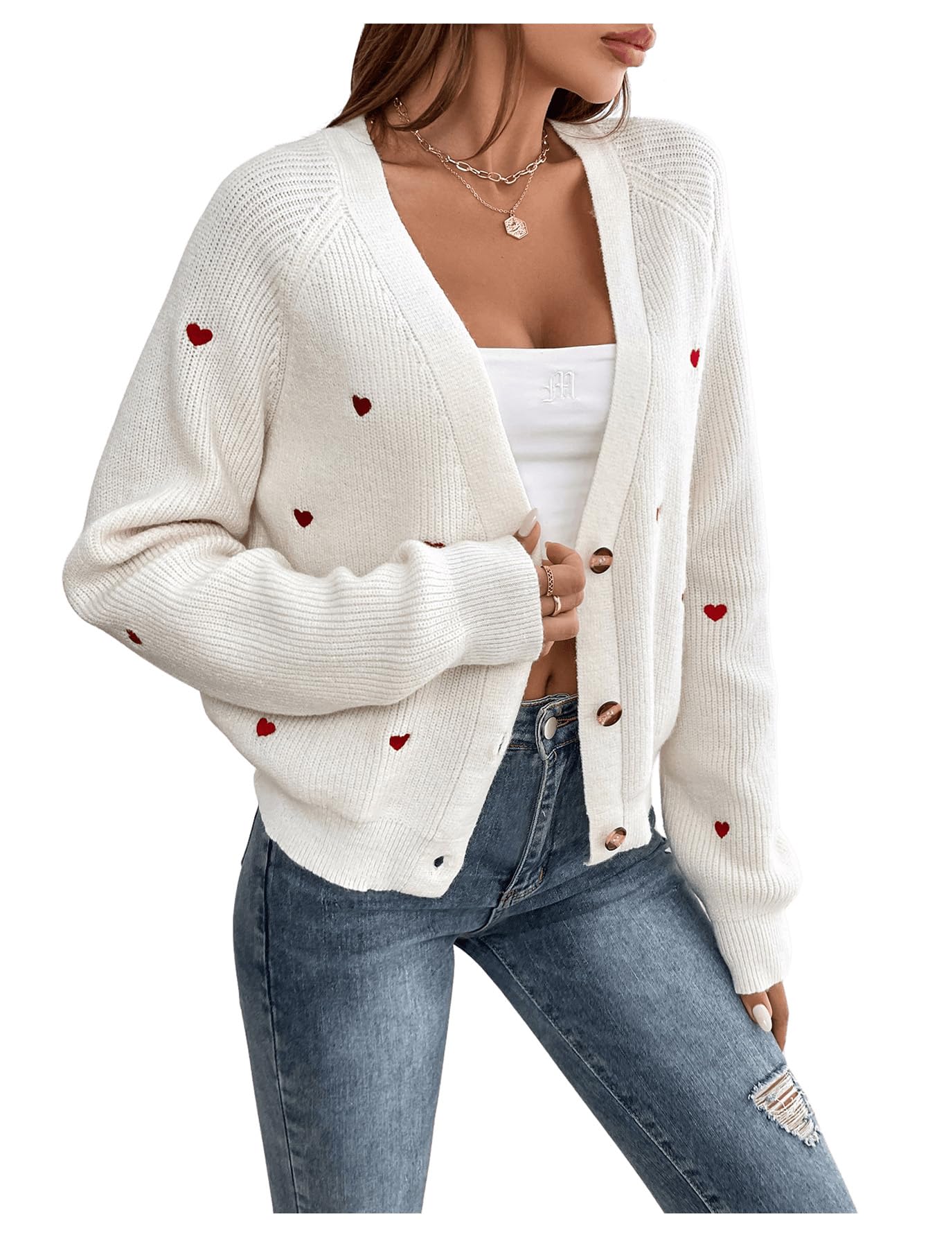 GORGLITTER Cárdigan de punto para mujer, abrigo de punto informal, suéter para exteriores, chaqueta fina, suéter con bordado de corazón
