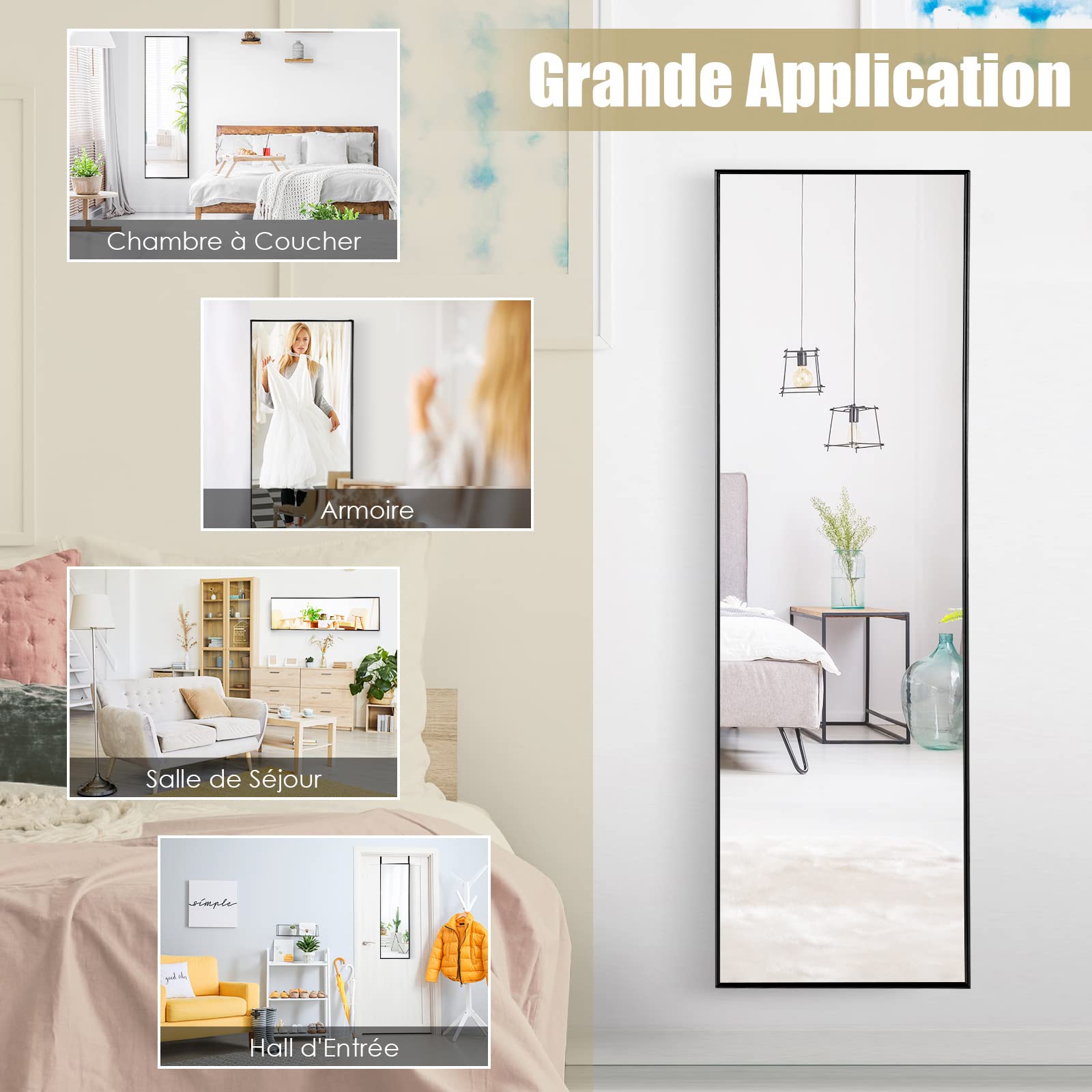 COSTWAY Miroir 120 x 37 cm Au-Dessus de la Porte, Miroir Pleine Longueur Cadre en Alliage d'Aluminium et Verre Incassable, Crochets pour Vestiaire Chambre Salon (Noir)