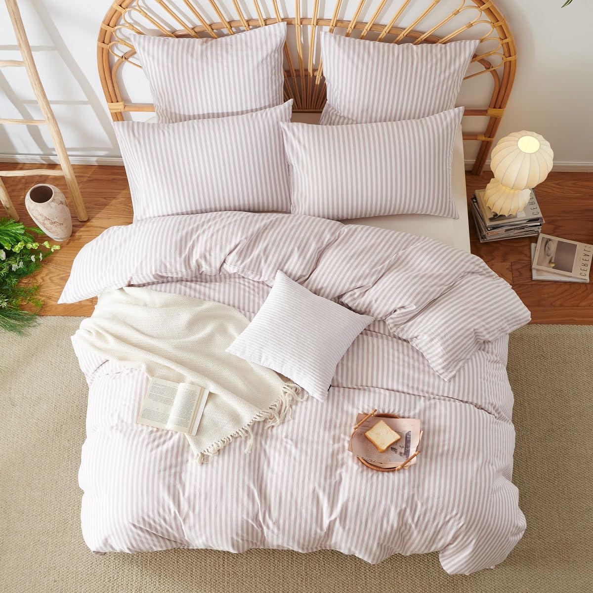 Lanqinglv Ropa de cama de 200 x 220 cm, algodón a rayas, color lila y blanco, 100 % algodón reforzado con cremallera, ropa de cama Öko-Tex adecuada para alérgicos, 1 funda nórdica y 2 fundas de