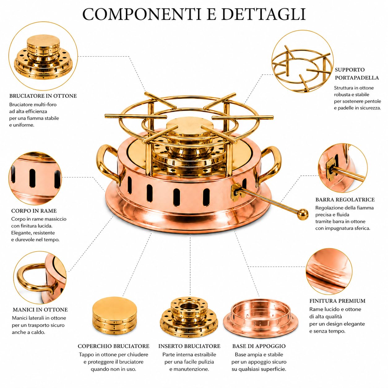 Fornello Flambé a Gel (alcol) in Rame e Ottone Bembo Made in Italy – Réchaud da Tavola Professionale per Flambé, Show Cooking, Ristorazione e Servizio al Tavolo