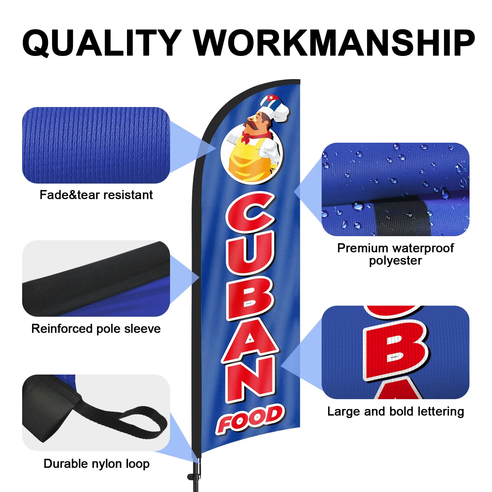 Bandera de plumas de comida cubana con kit de mástil de bandera y estaca para el suelo, bandera cubana de 8.2 pies, bandera sin viento para negocios para publicidad al aire libre