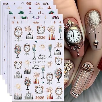 Christmas Nail Art Stickers Clock Champagne Xmas Nail Decals 6PCS Gold Glitter Firework 2026 Crystal Ball Bow Star 3D Self-Adhesive Design Holiday Nail Art Supplies for New Year Manicure Decorations