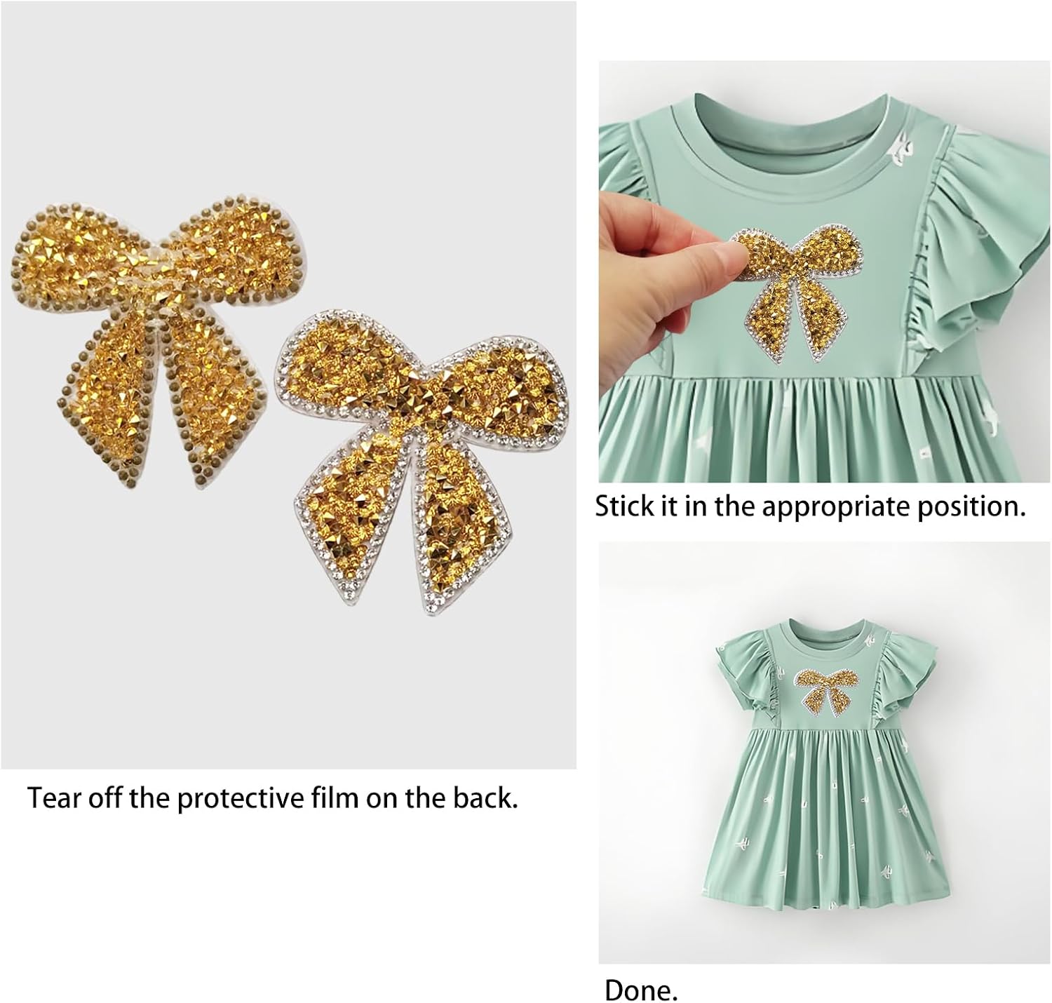6 Pieces Gold Bow Knot Rhinestone Patches, Self-Adhesive Repair Bowknot Appliques for Jeans, Backpacks, Hats, Shoes, Clothes Decorations and DIY Crafts
