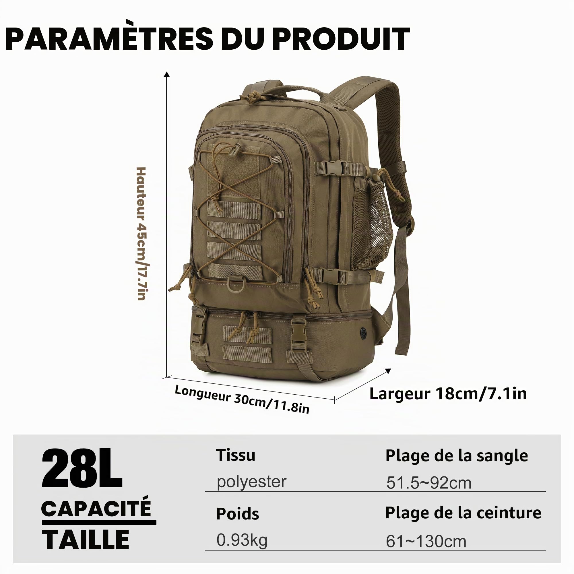Mardingtop Militaire Sac à dos de Randonnée 28 L Sac de Sport pour randonnée, voyage, trekking, sac militaire, camping, sac à dos de plein air