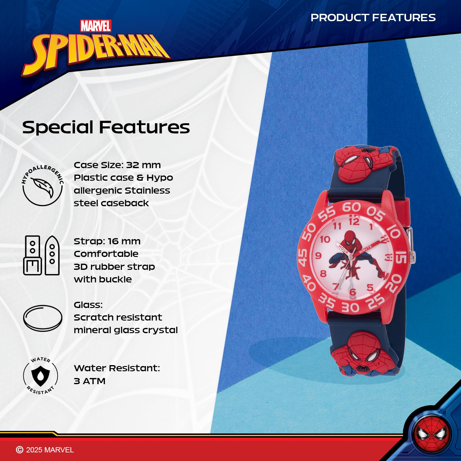 Marvel Spider-Man - Orologio analogico al quarzo con cinturino in 3D per insegnare l'ora, Blu, Cinturino