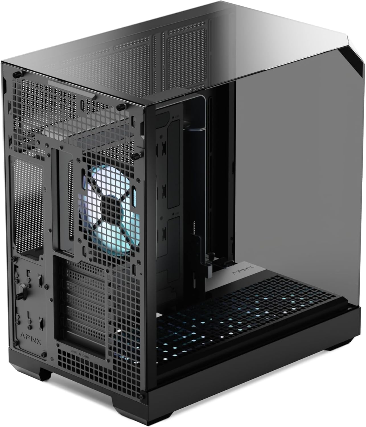 APNX V2 Black ATX Case – X-Pand Flow Dual Airflow, 3-Side Tempered Glass, 360mm AIO & Reverse BTF Motherboard Support, 4×140mm Fans, 160mm Fan Slots, ARGB Fan Hub, GPU Bracket, High Airflow