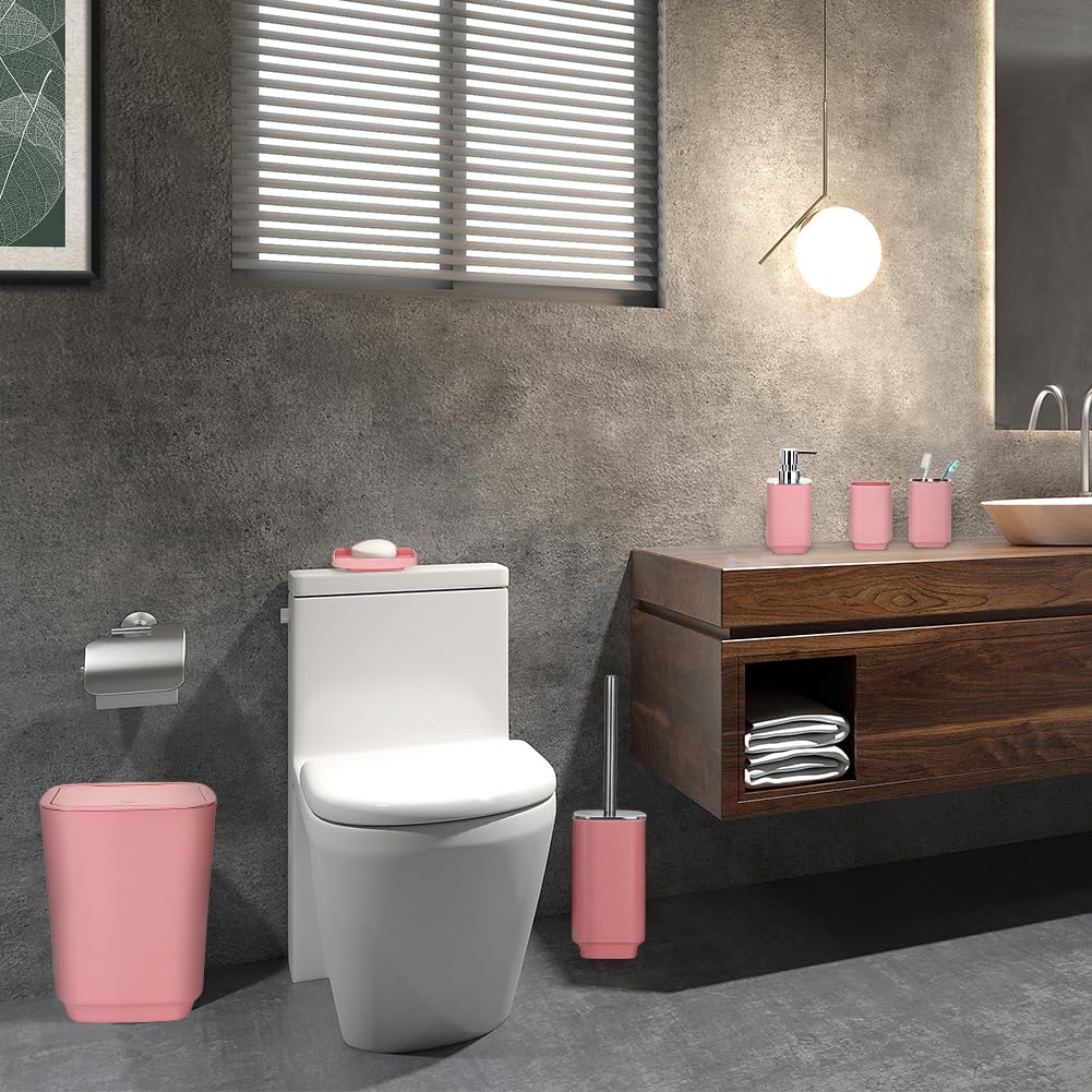 JOTOM Set di 6 accessori da bagno in plastica di lusso con pattumiera, scopino per WC, porta spazzolino, bicchiere, portasapone e dispenser di sapone (rosa)