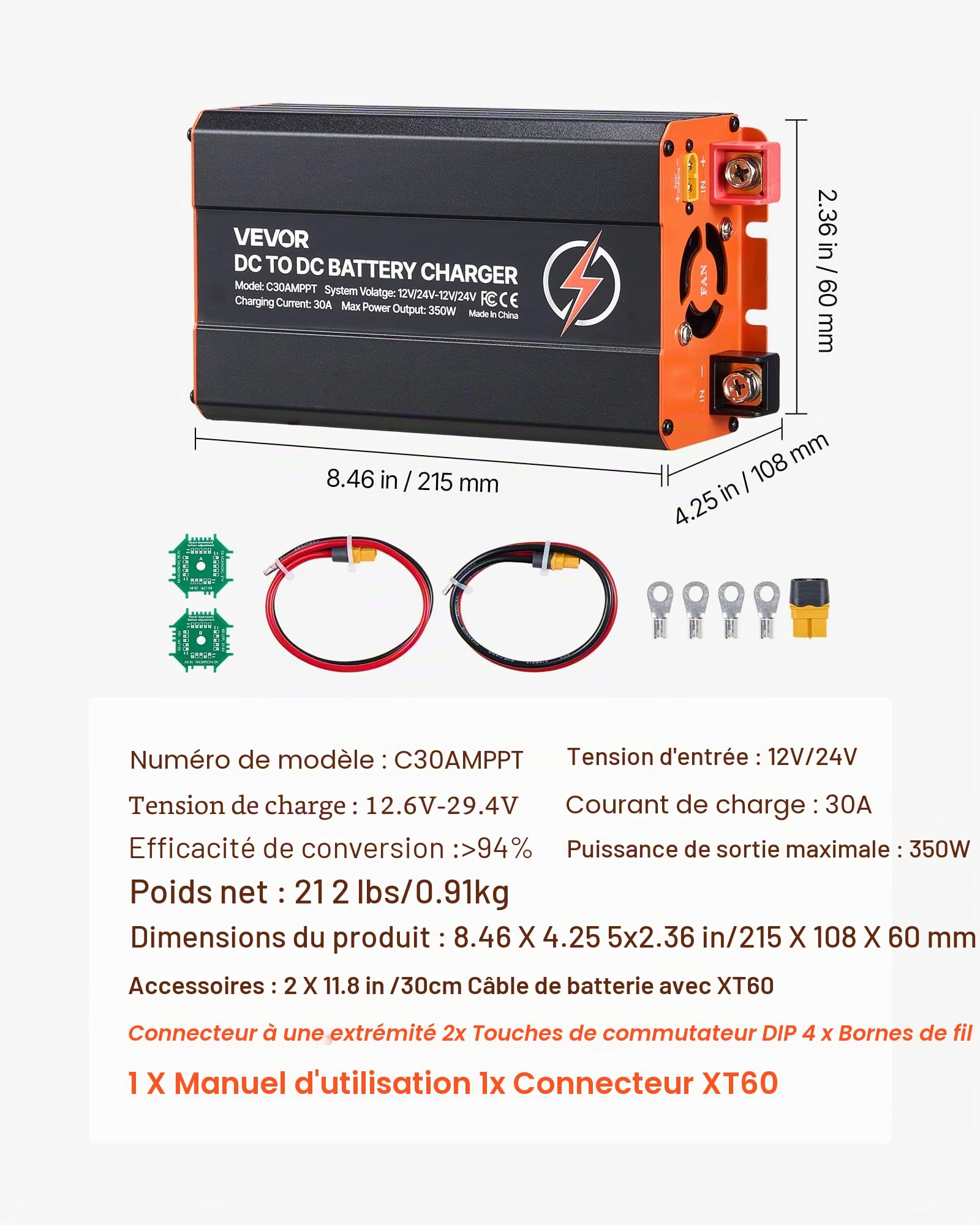 VEVOR Chargeur DC-DC avec MPPT 350 W 30 A Chargeur de Batterie DC-DC 12 V/24 V-12 V/24 V Double Entrée Panneau Solaire/Alternateur pour Camping-Car Voiture Bateau, Compatible avec LiFePO4 Plomb-Acide