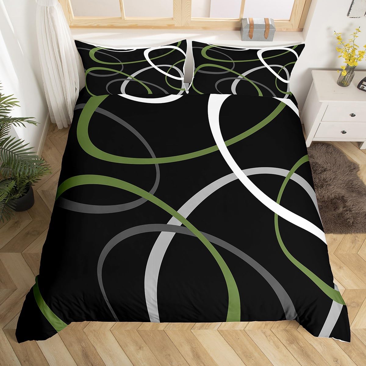 Grey Black and Green Duvet Cover Retro Stripe Swirl Bedding Set Circle Comforter Cover for Boys Girls Geometric Circle Swirl Bedspread Cover Quilt Cover with 2 Pillow Case Super King — image 1