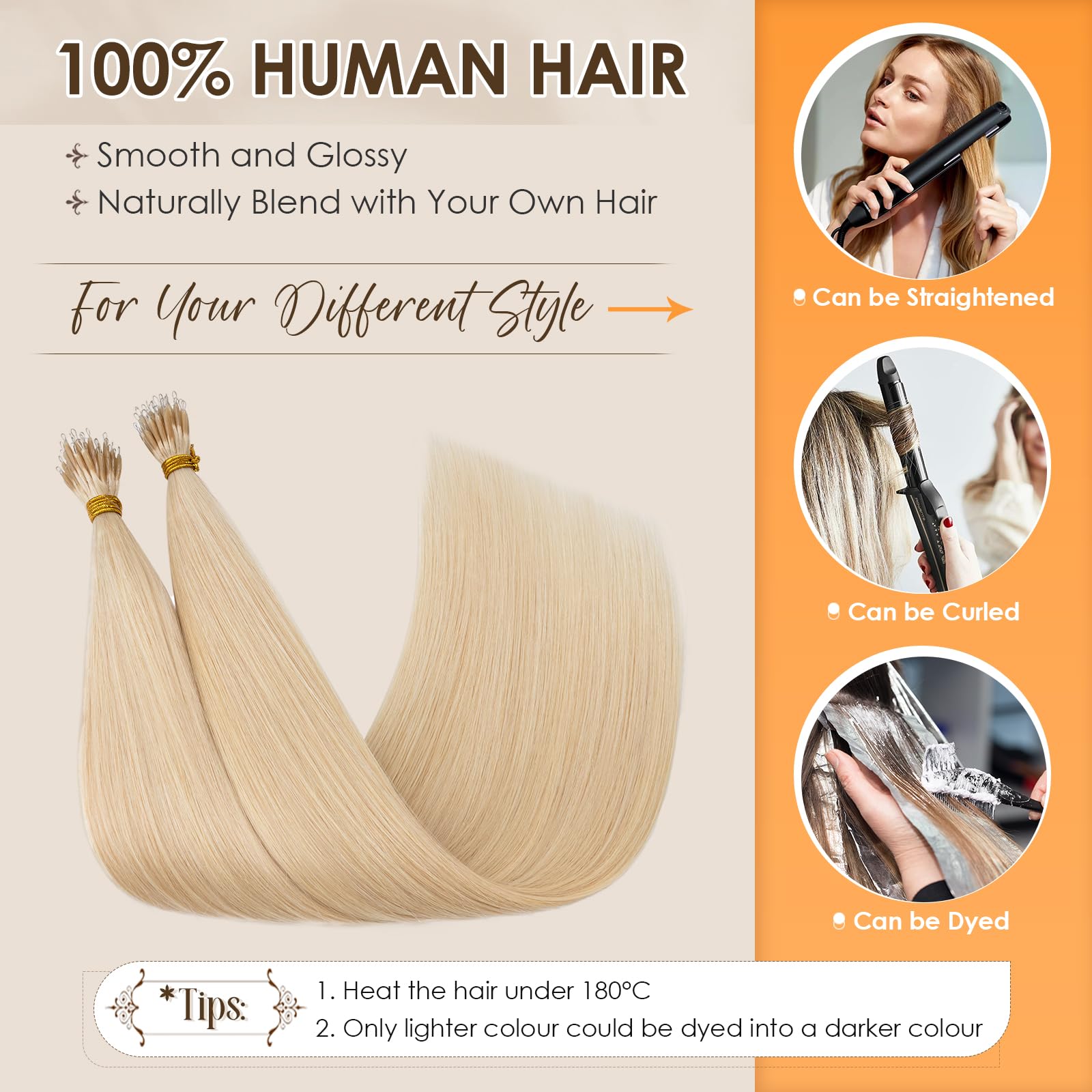 Elailite Hair Extensions Real Human Hair Nano Ring Nano Beads Cold Fusion 50 Strands 35g Straight (#613 Bleach Blonde, 22 Inch) - Image 4