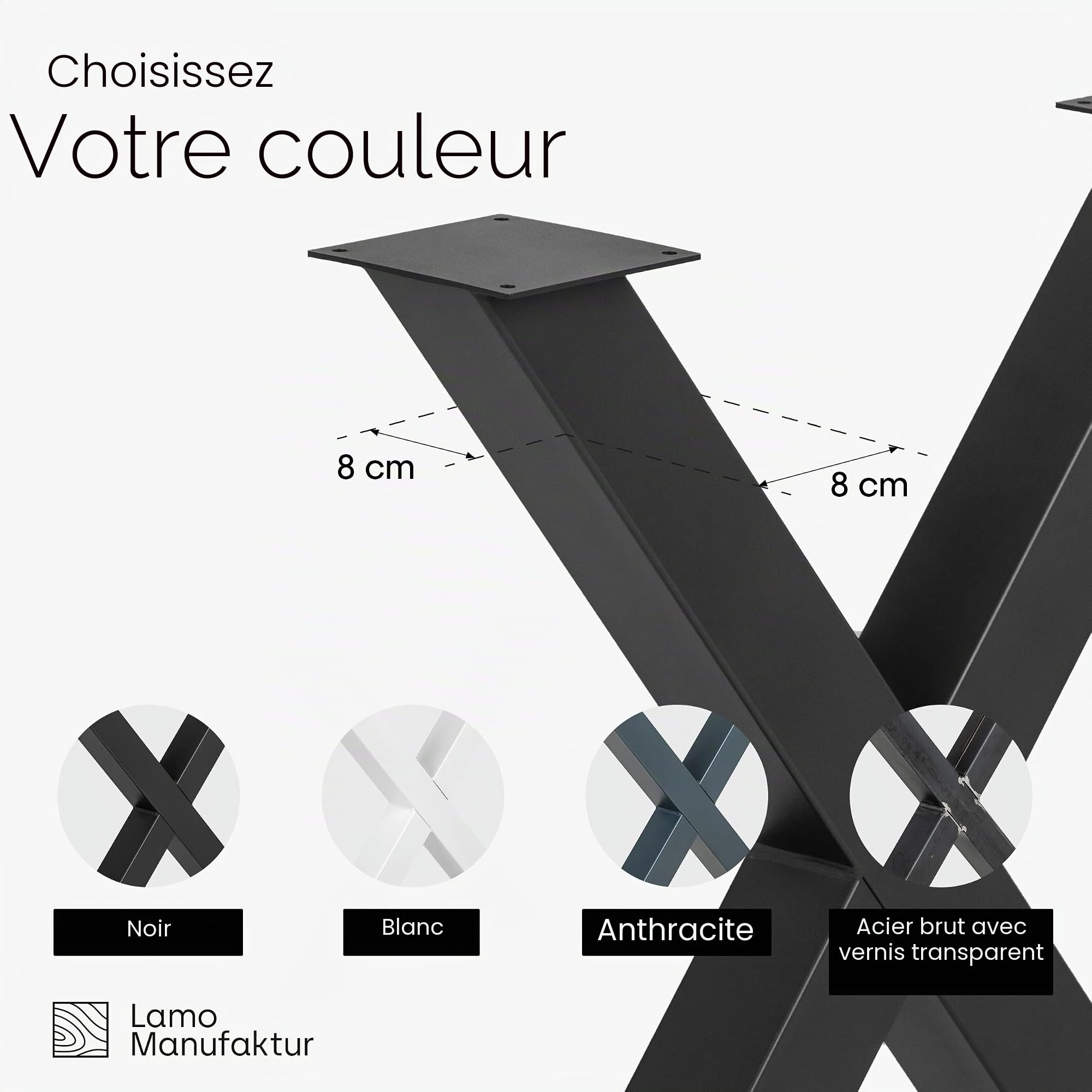 LAMO Manufaktur Pieds pour Table à Manger | Pieds de Bureau, modèle : Mark Massive | Profil 80x80 mm | Taille 80x72 cm (L x H) | Noir| 2 pièces | LTS-03-J-FF-9005