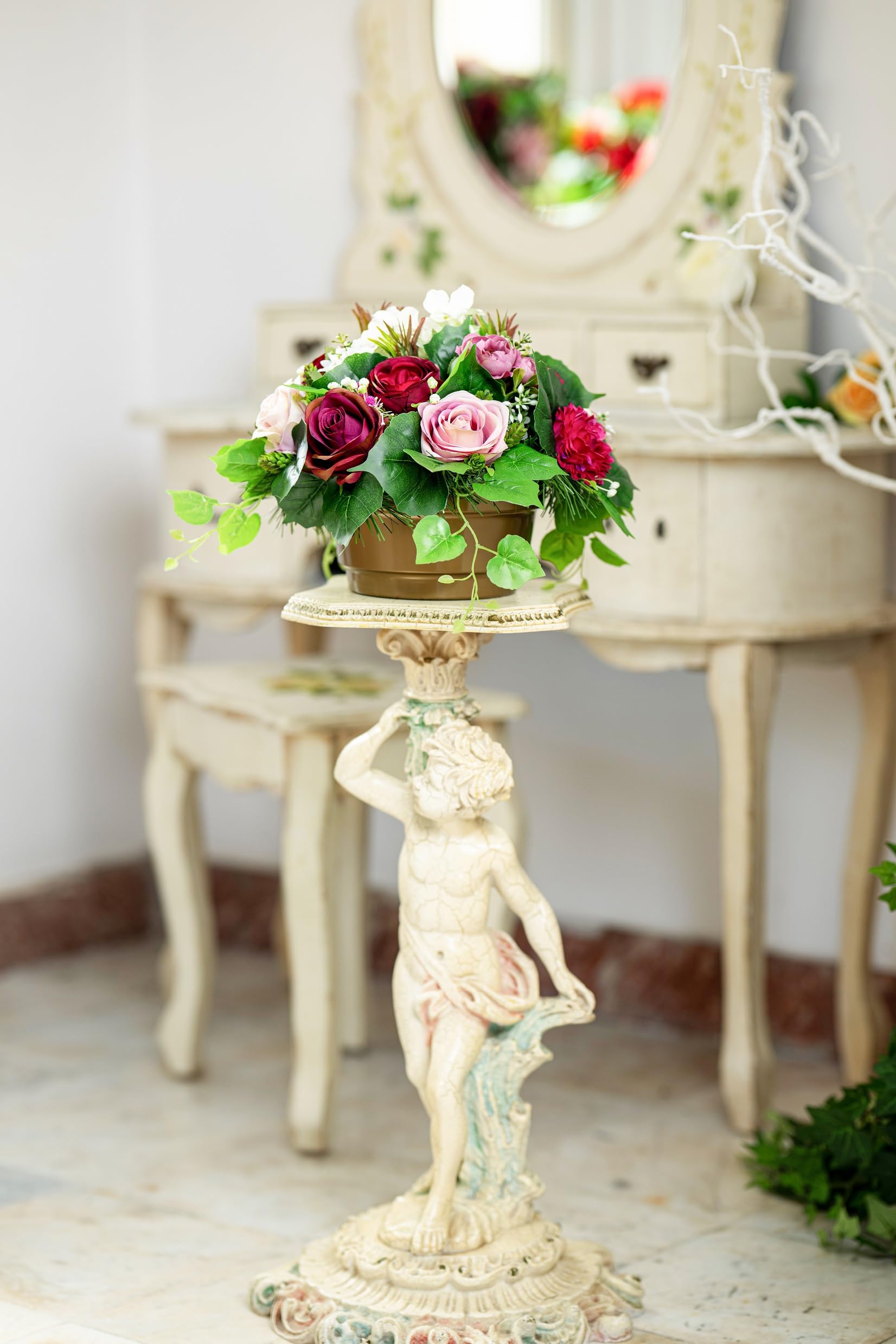 Generisch Grabgesteck künstlich wetterfest 30 cm – Grabgestecke mit Rosen im Topf beschwert – Grabschmuck für Friedhof & Urnengrab – EU Handmade Grabdeko