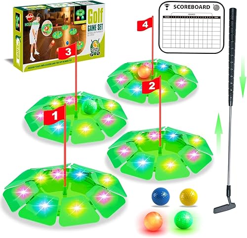 Juego de golf iluminado VATOS - Mini juguete de golf con brillo con 4 agujeros LED, 4 bolas (2 brillantes), putter extensible, construye tu propio