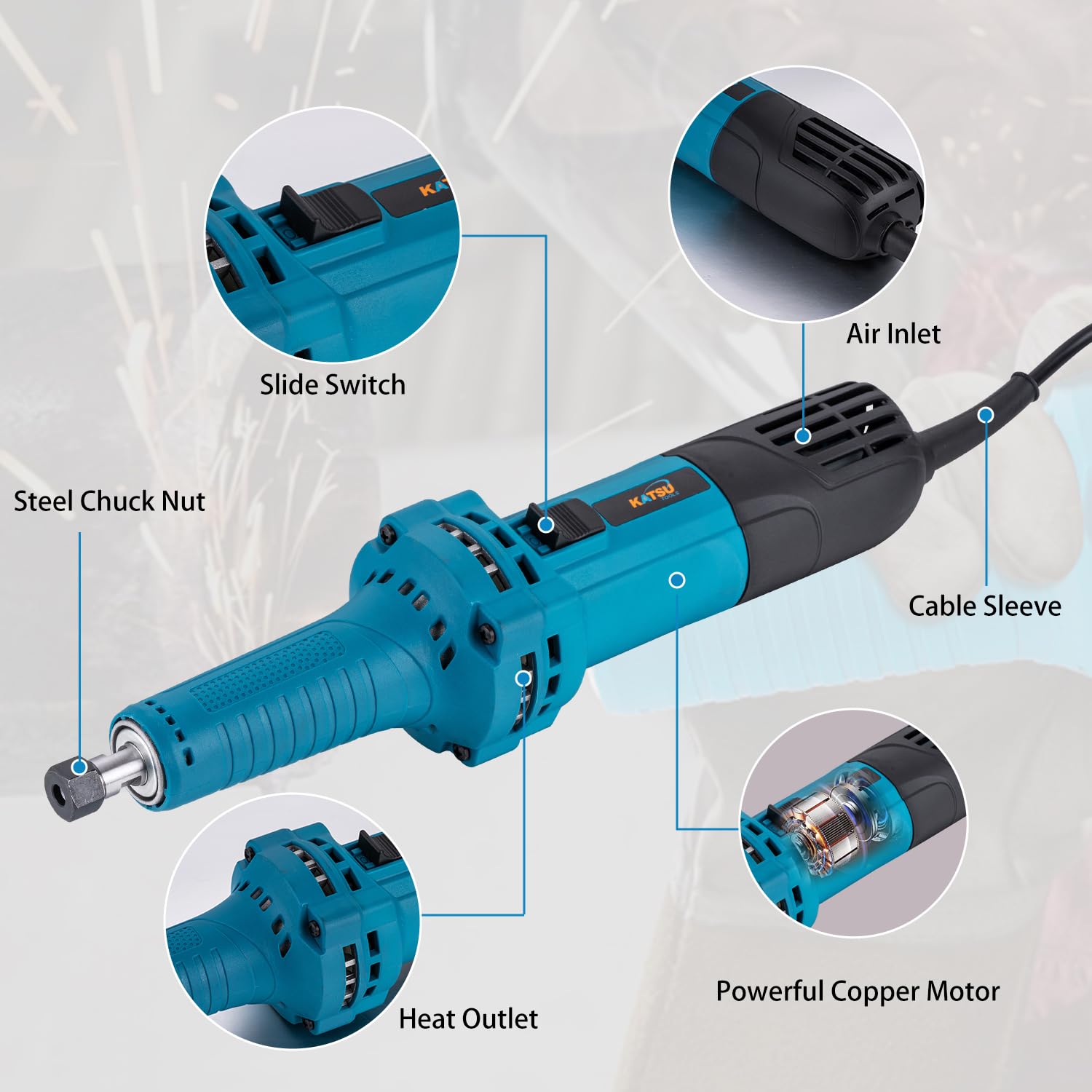 KATSU Tools Meuleuse droite électrique 710 W, mandrin à écrou de blocage de 6 mm, poignée cylindrique compacte, outil rotatif pour le meulage et le polissage de la construction