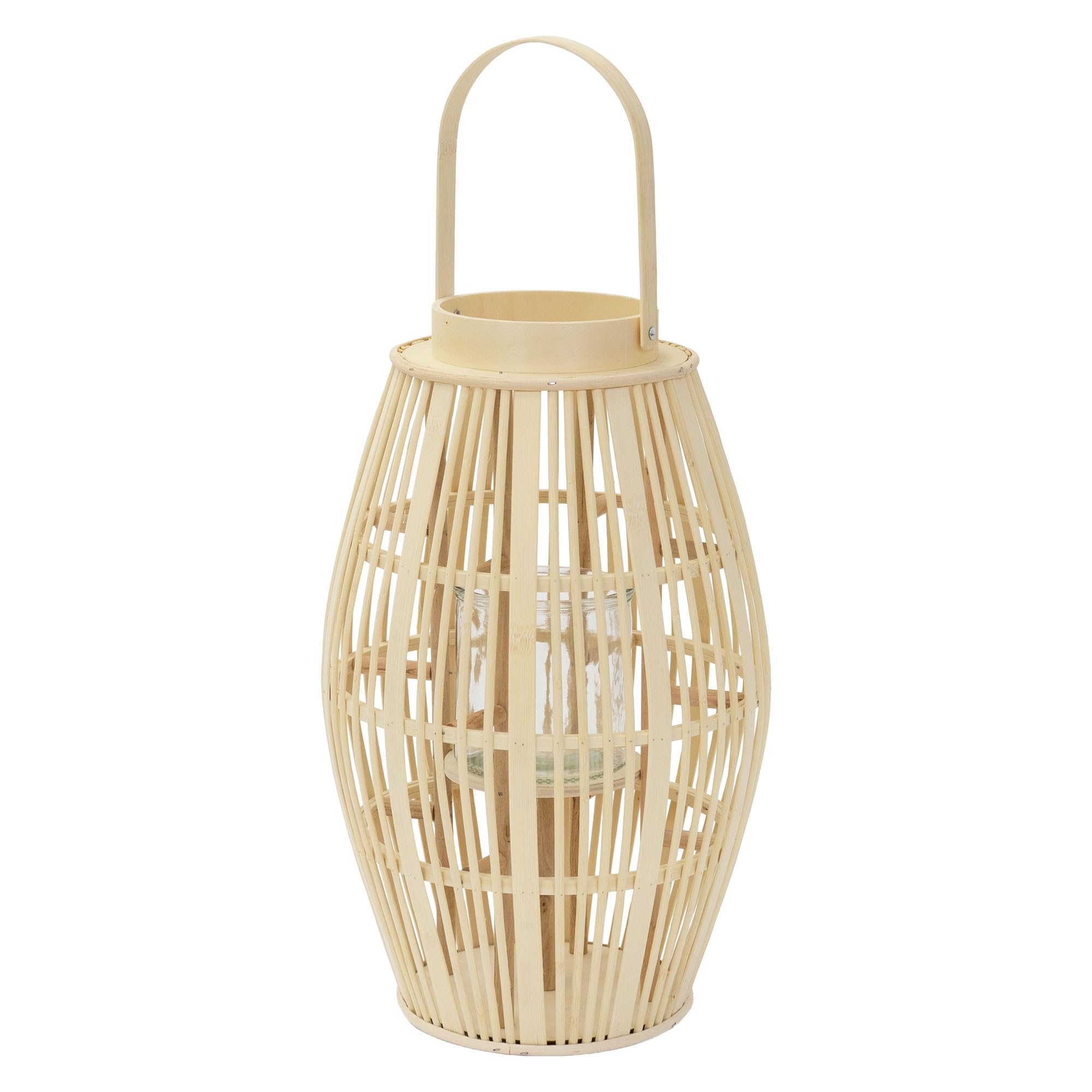 ECD Germany Latarnia Bambusowa Ogrodowa 63 cm Lampion Dekoracyjny Boho z Uchwytem i Szklanym Wkladem Swiecznik na Taras Balkon do Ogrodu i Salonu do Wnetrz na Zewnatrz Kolor Naturalny Styl Pleciony