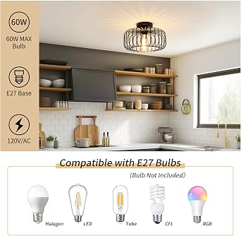 FRIDEKO HOME Black Ceiling Light Fixture, Industrial Light Fitting Ceilings | Metal Cage Lampshade, with E27 Base for Bedroom, Living Room, Dining Room, Kitchen, Hallway [Energy Class A]