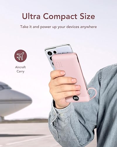 Miniatura 8 de VEGER Cargador portátil con enchufe de CA integrado y cables, todo en uno de 10000 mAh ultra delgado, batería de viaje, batería de carga rápida de