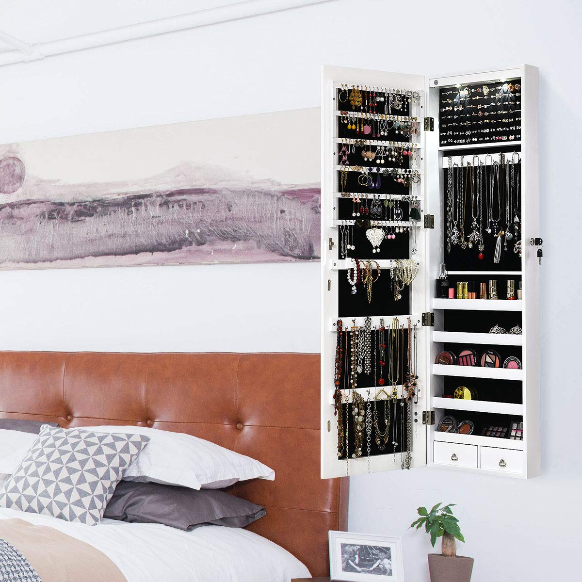 RELAX4LIFE Schmuckschrank Hängend, Spiegelschrank mit LED-Beleuchtung & Spiegel & Schloß, Schmuckorganizer für Ohrring & Armband & Kette & Ring & Kosmetik, Tür- & Wandmontage, 120x35,5x10cm (Weiß)