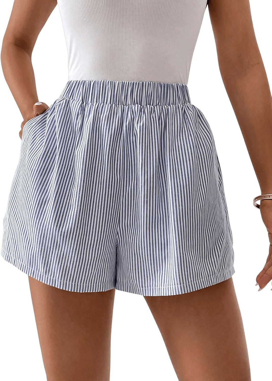 Floerns Women’s Striped Print Elastic High Waist Wide Leg Casual Shorts