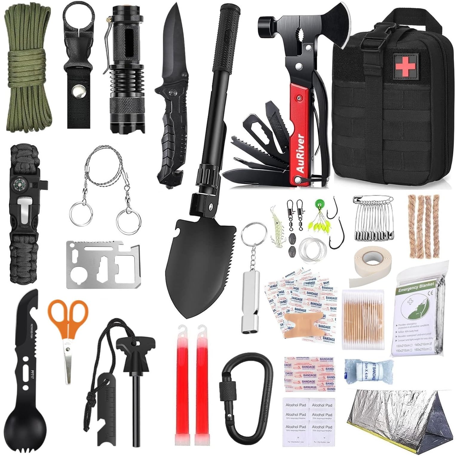Kit de supervivencia para primeros auxilios con Hacha de Martillo Multifuncional 28 articulos distintos, Kit de Emergencia para Viajar Caminar Acampada Montaña