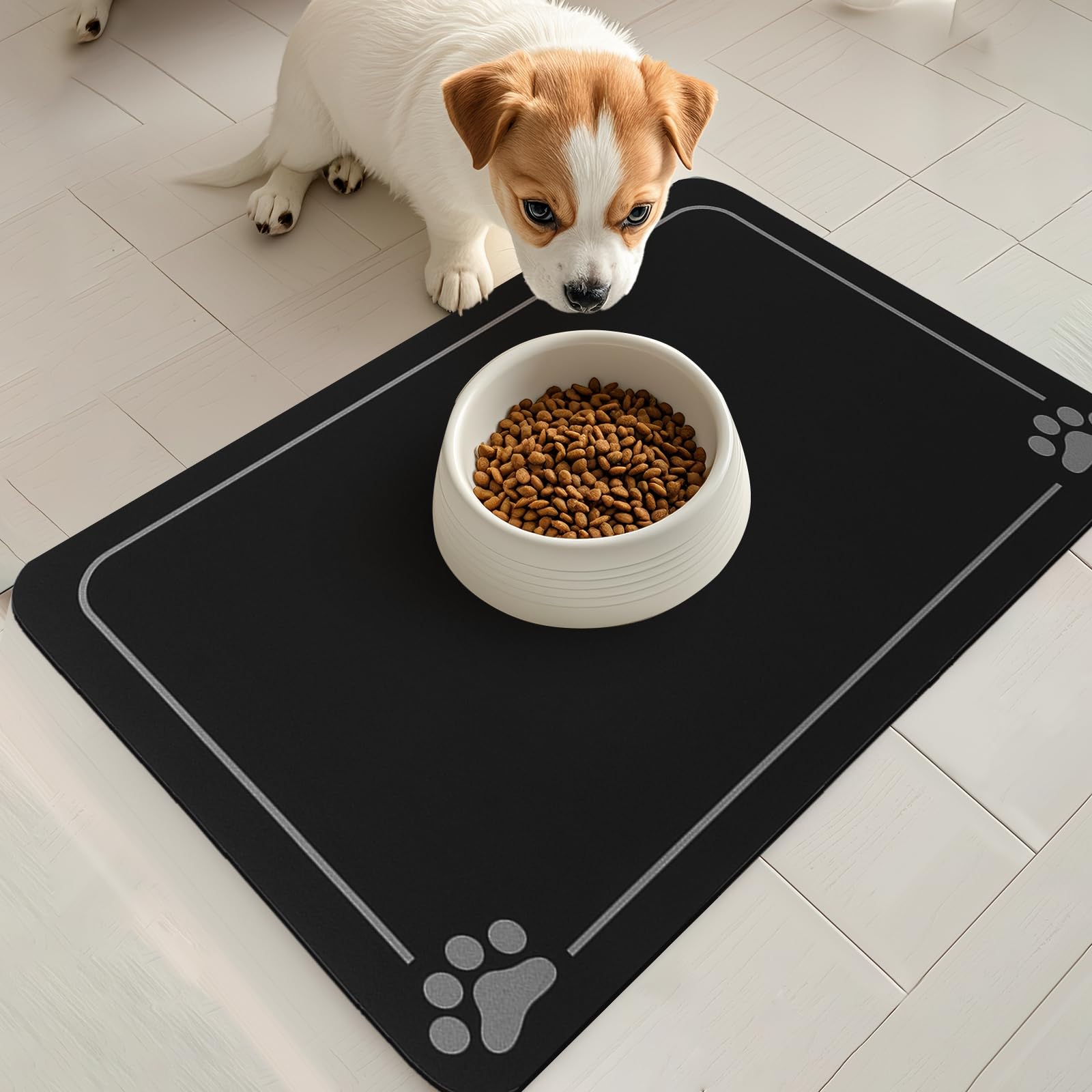 Tappetino per ciotola, tappetino per ciotola per cane e gatto, tappetino antiscivolo, assorbente, ad asciugatura rapida e facile da pulire (nero,40x60cm)
