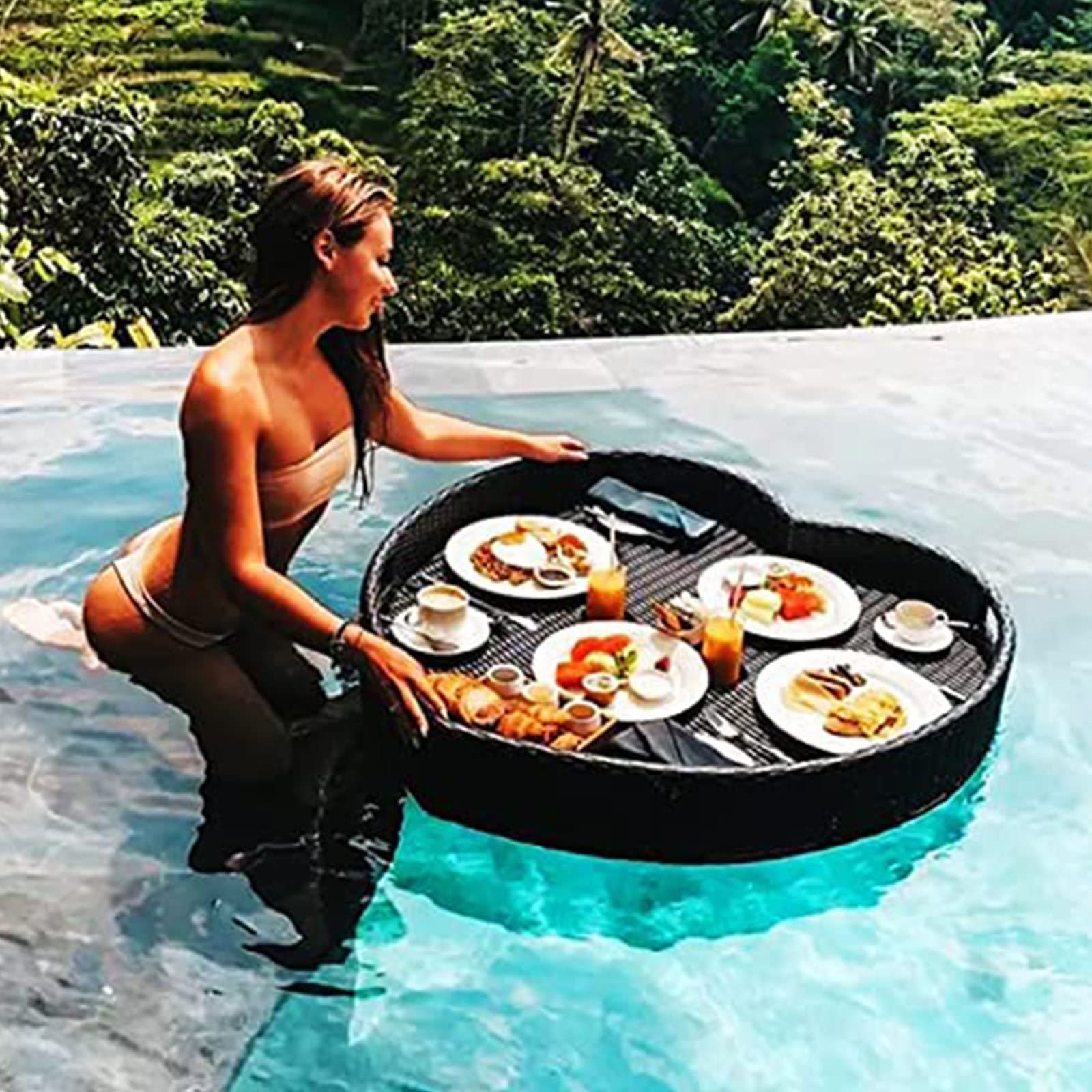 Plateau de Petit-déjeuner Flottant en rotin, Plateaux de Service flottants, Plateau de Nourriture Flottant tissé en rotin, Plateaux de Service de Piscine pour la Natation, Les Barres de sabl