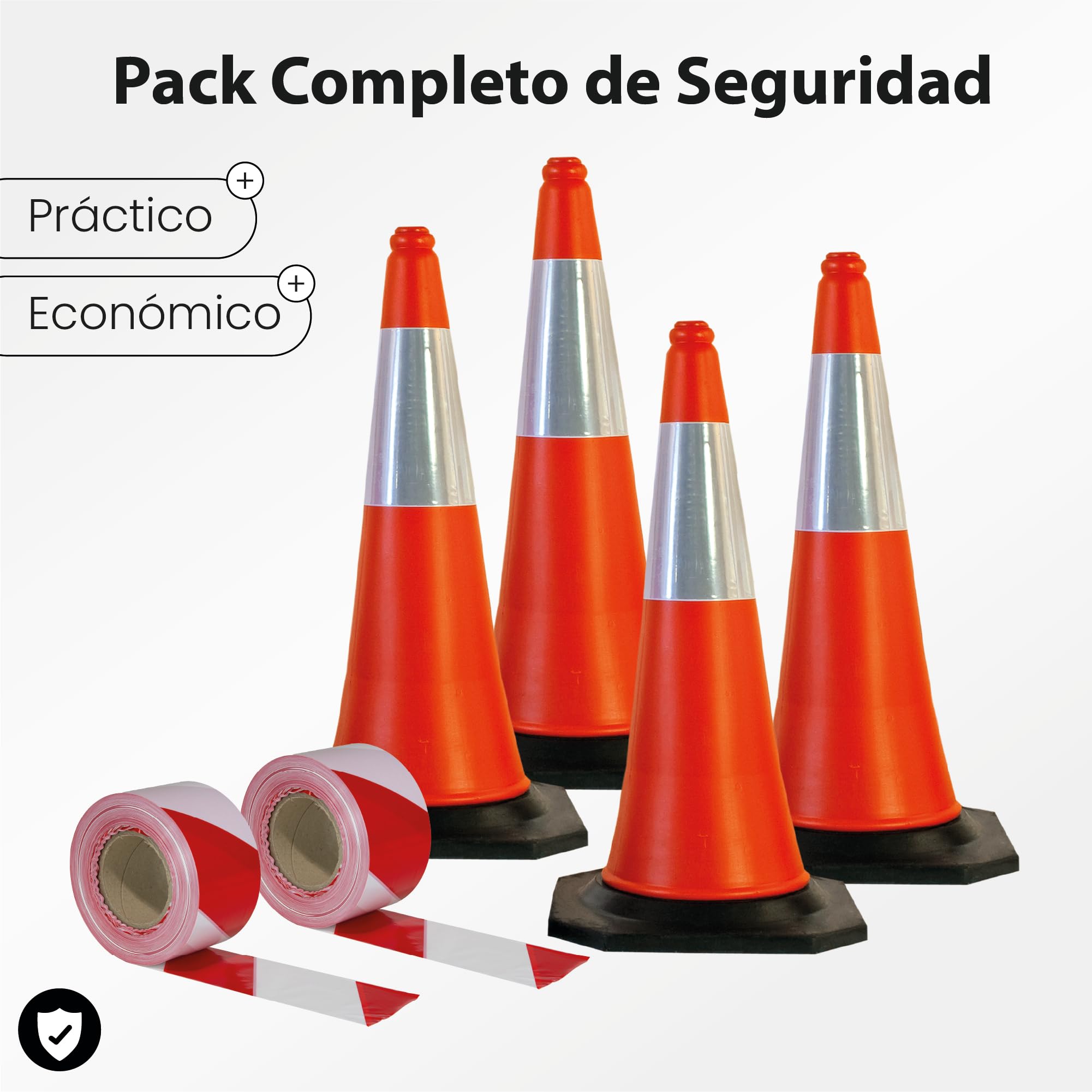 Pack Señalización - 4 Conos Tráfico 75cm Base Goma + 2 Cintas Balizamiento 200m Galga 200- Señalización Reflectante para Obra, Parking, Estacionamiento, Tráfico, Entrenamiento, Advertencia- 75x38x38cm
