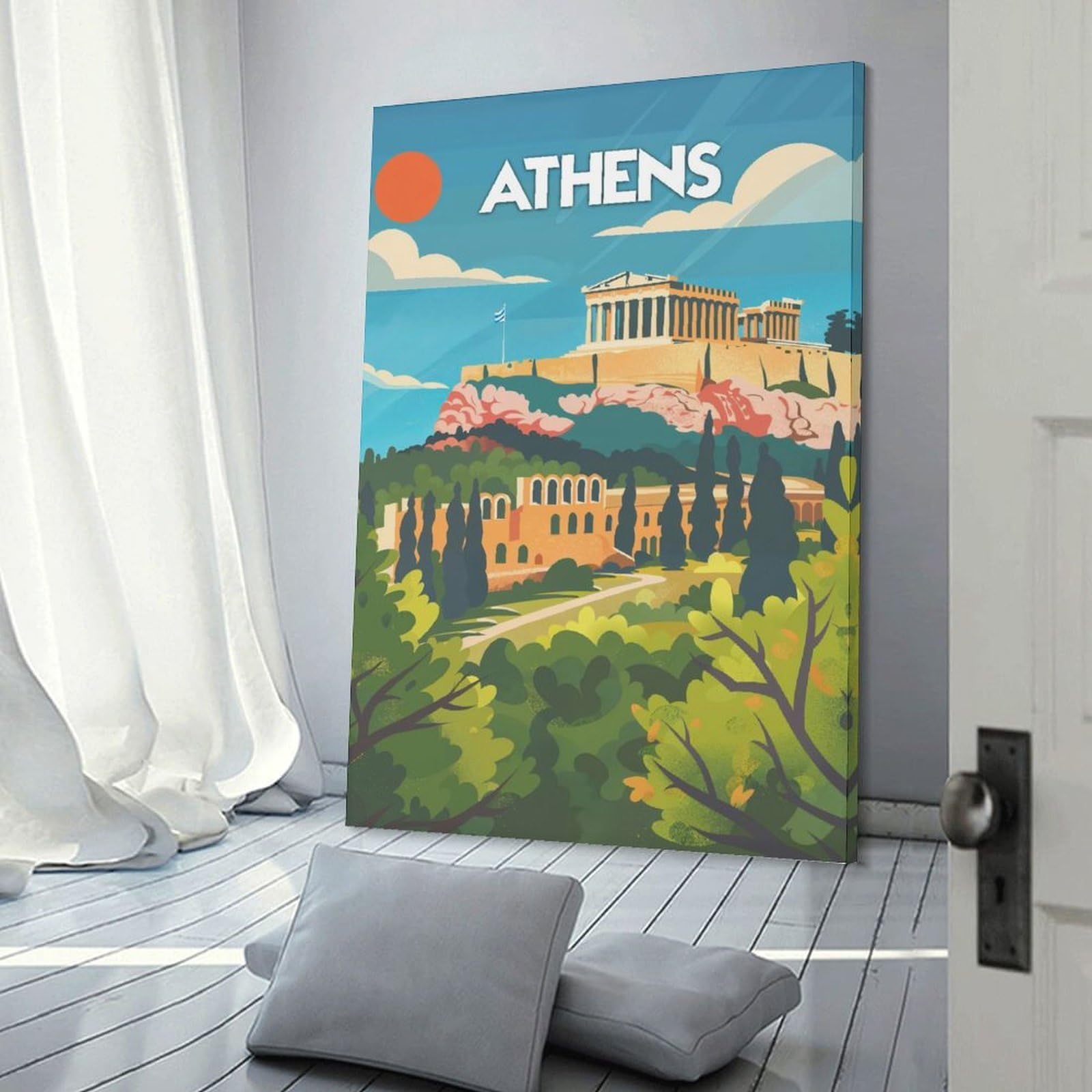 Junmoney Canvas Art Print Athens Acropolis View, 24x36inch(60x90cm), for New Homes, Bedrooms Or Workspaces, Thoughtful Wall Decor for Art Lovers