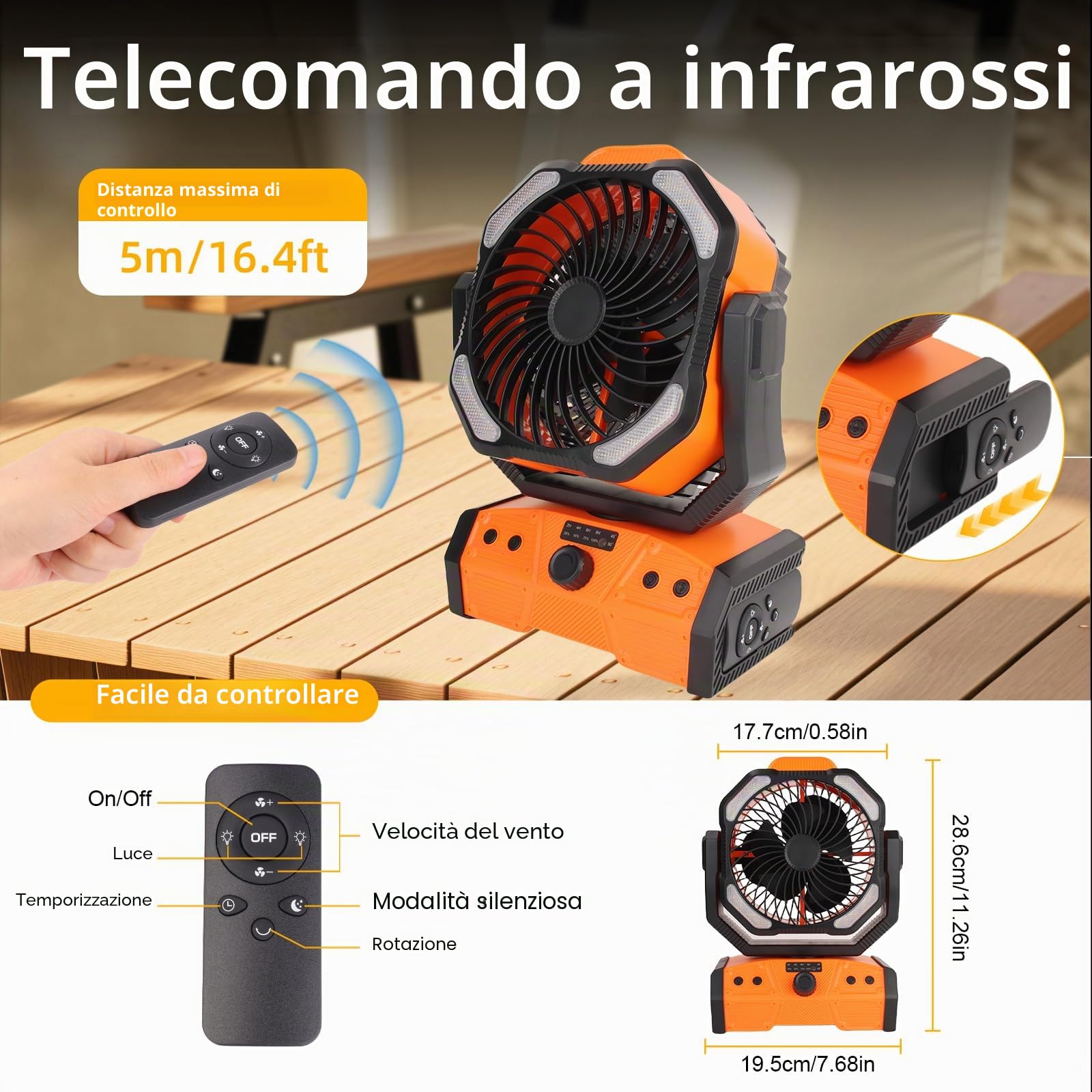 ELZO - Ventilatore da campeggio 30.000 mAh con luce LED, funzionamento max 70 h, senza fili, portatile, ricaricabile, ventilatore USB con gancio a distanza, rotazione della testa, velocità continua