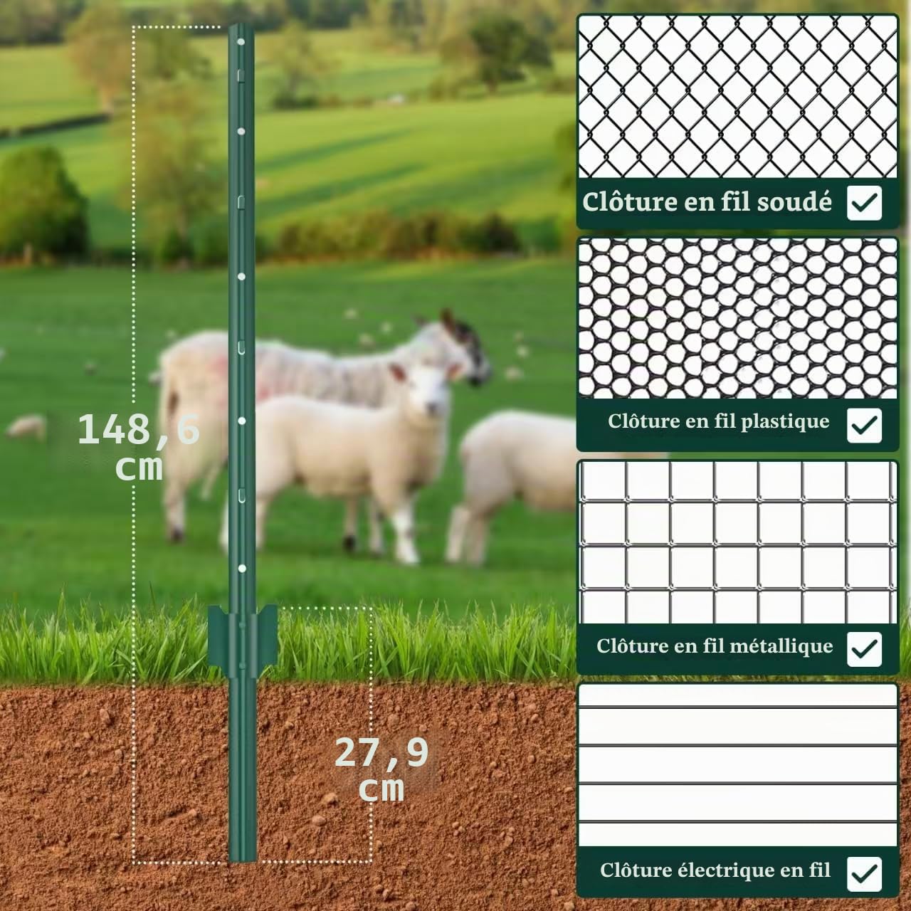 Lot de 5 poteaux de clôture en métal robustes et durables de 148 cm pour jardin, terrasse et extérieur – Poteaux de clôture en forme de U verts (5)