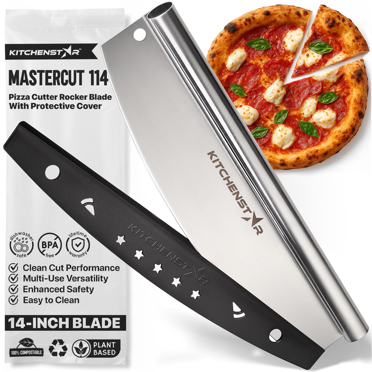 KitchenStar 14" Pizza Cutter | Sharp Stainless Steel Slicer Knife - Rocker Style w Blade Cover | Chop and Slices Perfect Portions + Dishwasher Safe ââ‚¬â€œ Premium Pizza Accessories (14-inch)