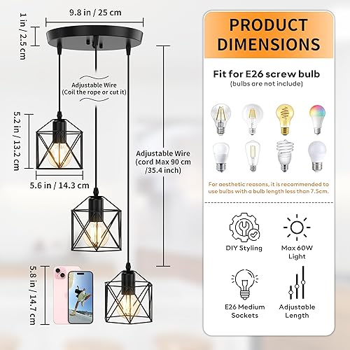 Miniatura 2 de Lámpara colgante de granja de 3 luces, lámpara de techo colgante industrial para isla de cocina, comedor y bar, lámpara de jaula ajustable negro