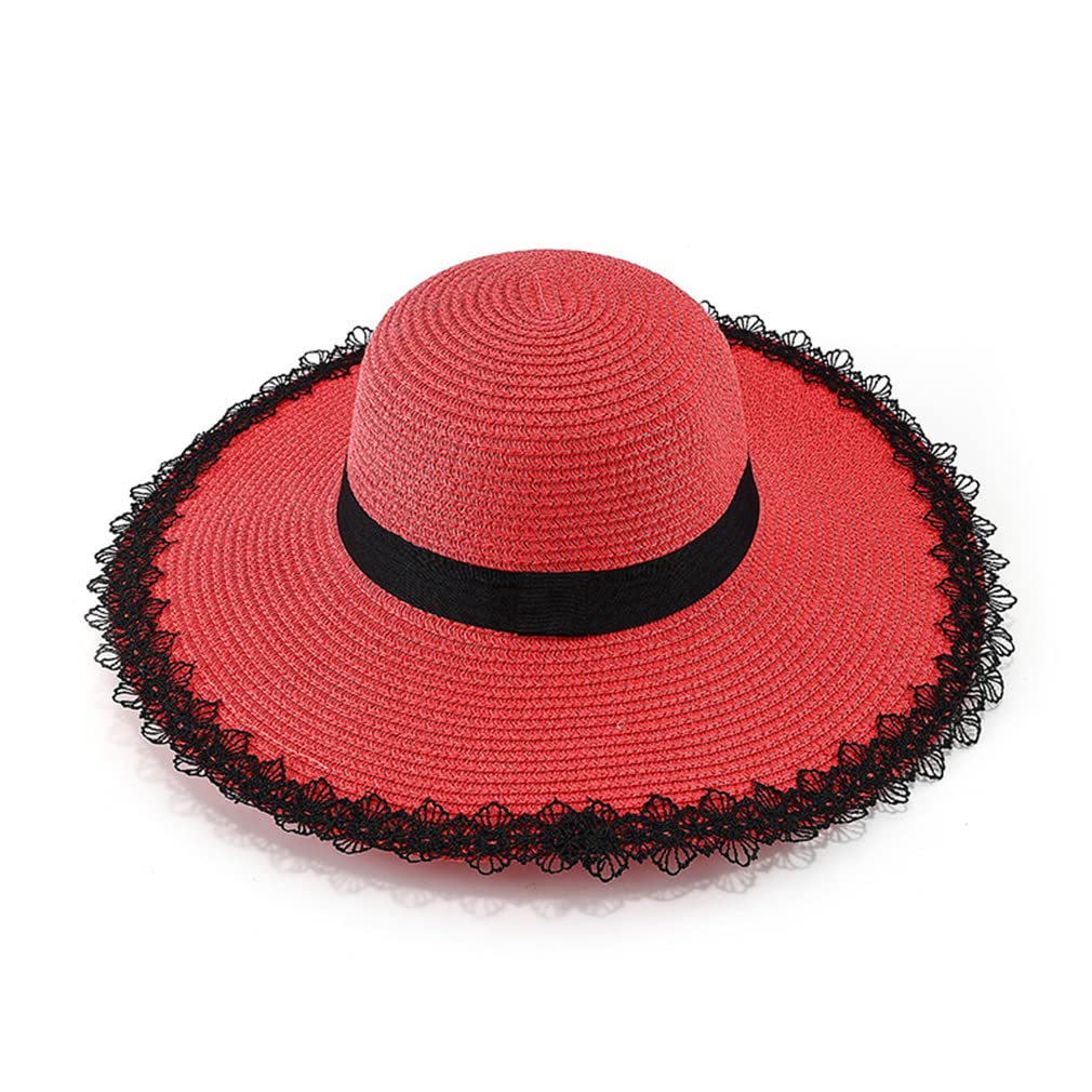 Summer Women Foldable Black Lace Sunshade Hat Travel Beach Straw Hat Large Brim Sun Cap Red Hat