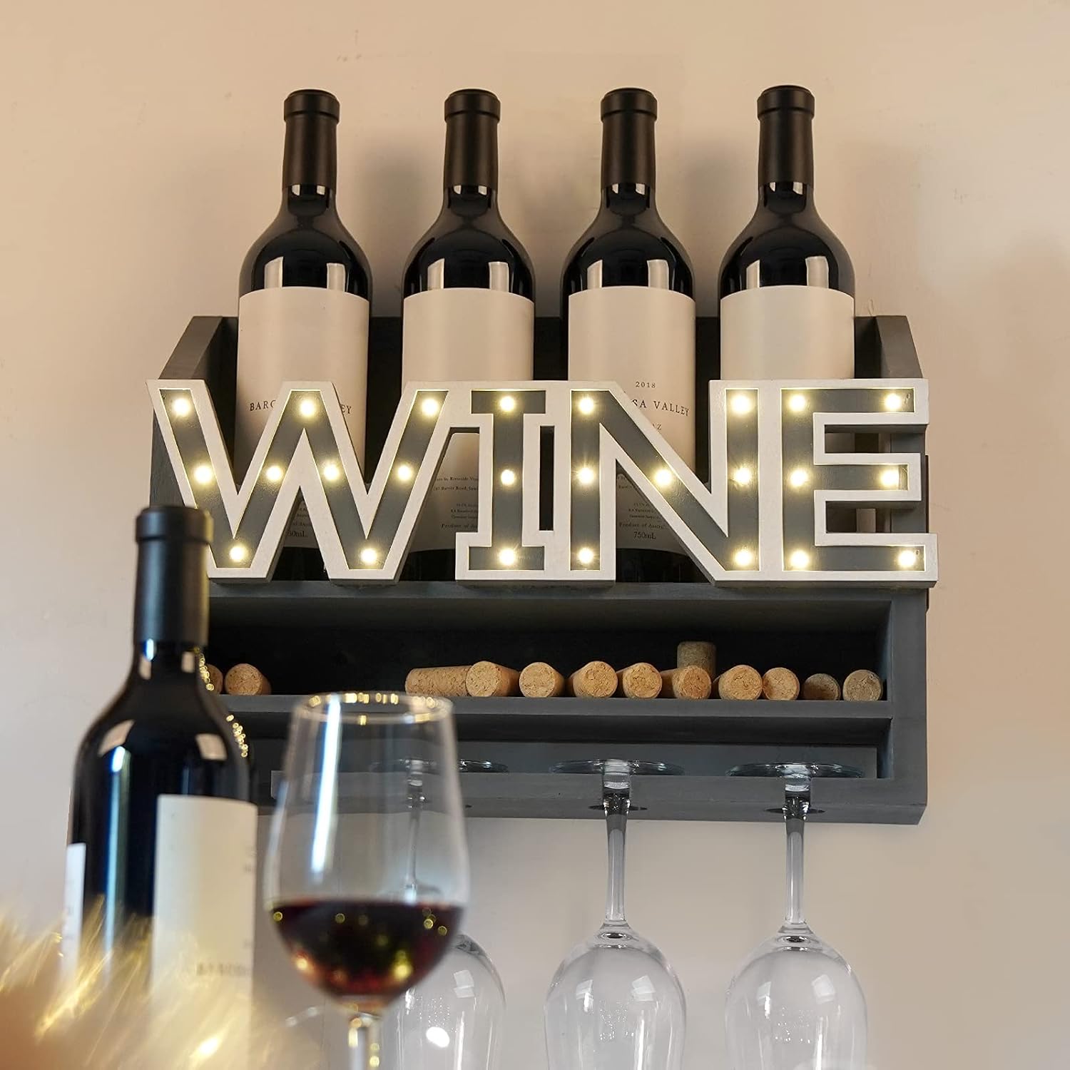 Suреr Sаlе 🛒 Shikha LED Wooden Wall Mounted Wine Rack and Glass Holder –Rustic Wine Bottle & Glass Holder & Wine Cork Storage Modern Home Decor 5 Bottle and 4 Glass Holder