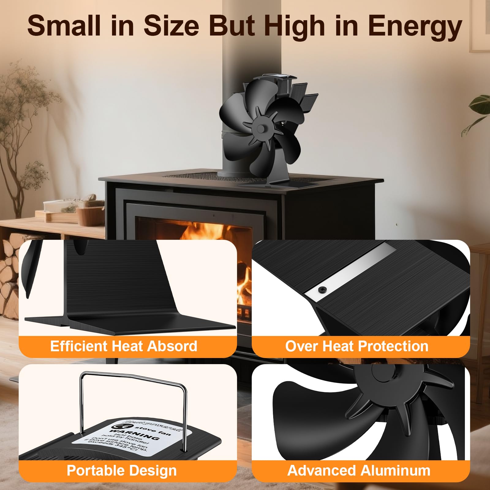 Ventilateur Poele à Bois,Ventilateur Alimenté à la Chaleur,6 Pales pour Cheminée Tuyau/Poêle à Granulés/Gaz/Bûche/Pellet