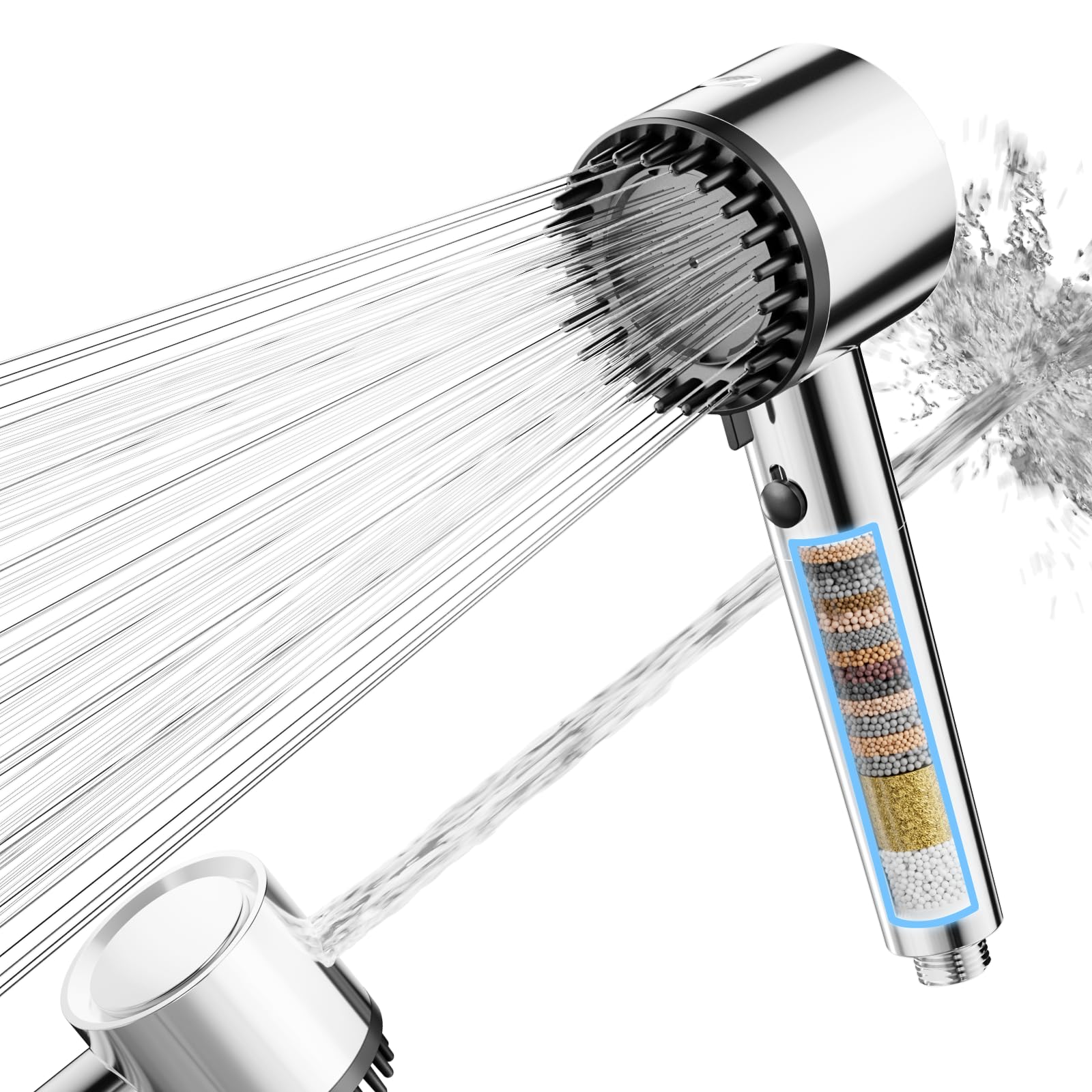 Cobbe Soffione doccia con filtro, soffione doccia ad alta pressione con filtro a 20 fasi, 5 modalità di spruzzo, potente lavaggio integrato per rimuovere il cloro, allevia il prurito cutaneo (Cromo)