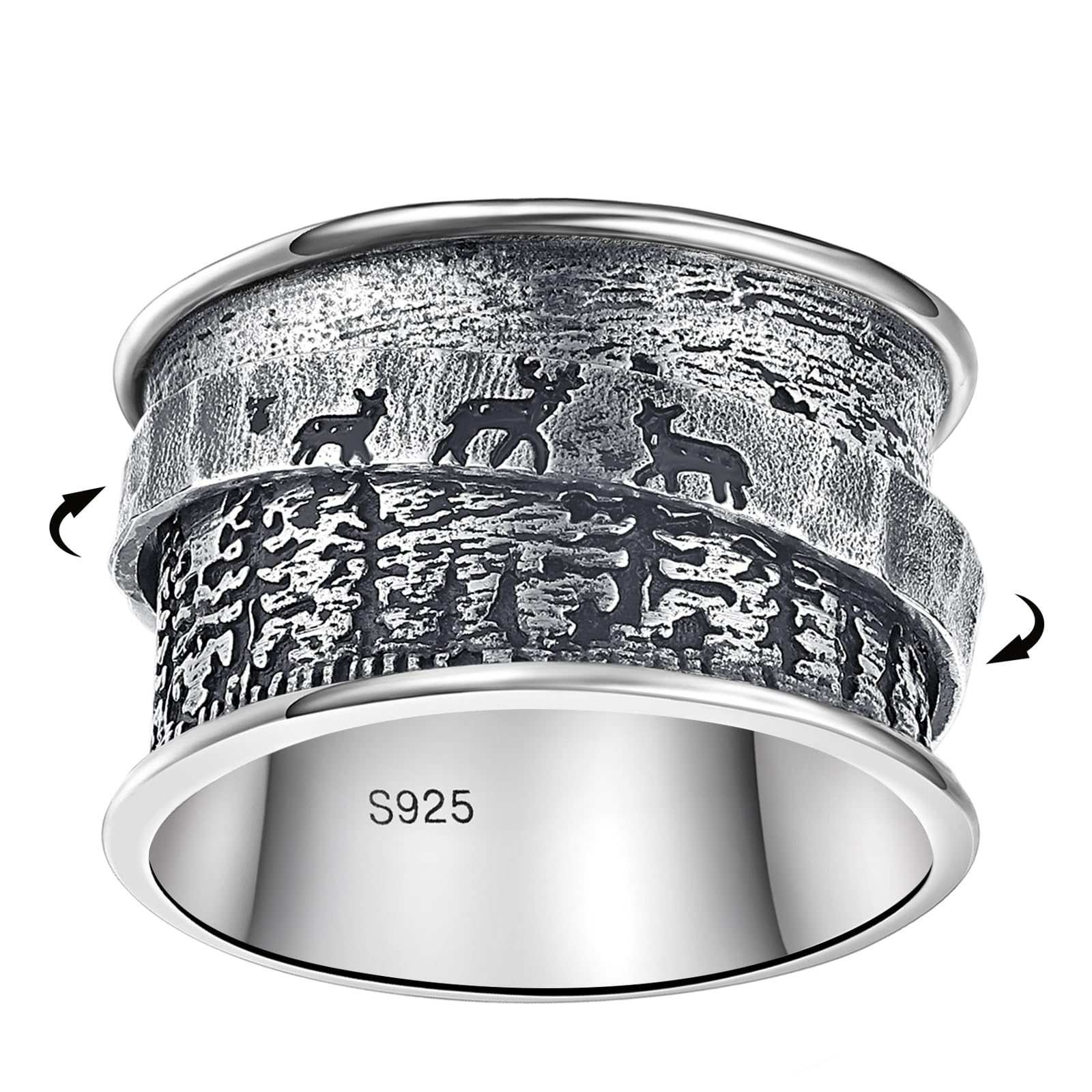 BONLAVIE Spinner Ring Damen, Lebensbaum/Drei Bären und Kiefern/Drei Hirsch und Kiefern Ring Silber 925, Breiter Band Ring, Anxiety Ring, Silberring 925 Damen, Vintage Ring Damen, Ringe Frauen