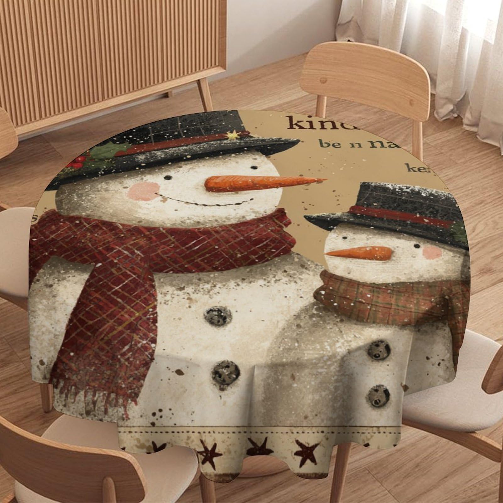 LUYYSKY Cute Vintage Snowman Round Tablecloth Funny Oil Painting Christmas Winter Snowman Pine Green Leaf Washable Decor for Table Cover for Kitchen-91.4" Wx91.4 L cm