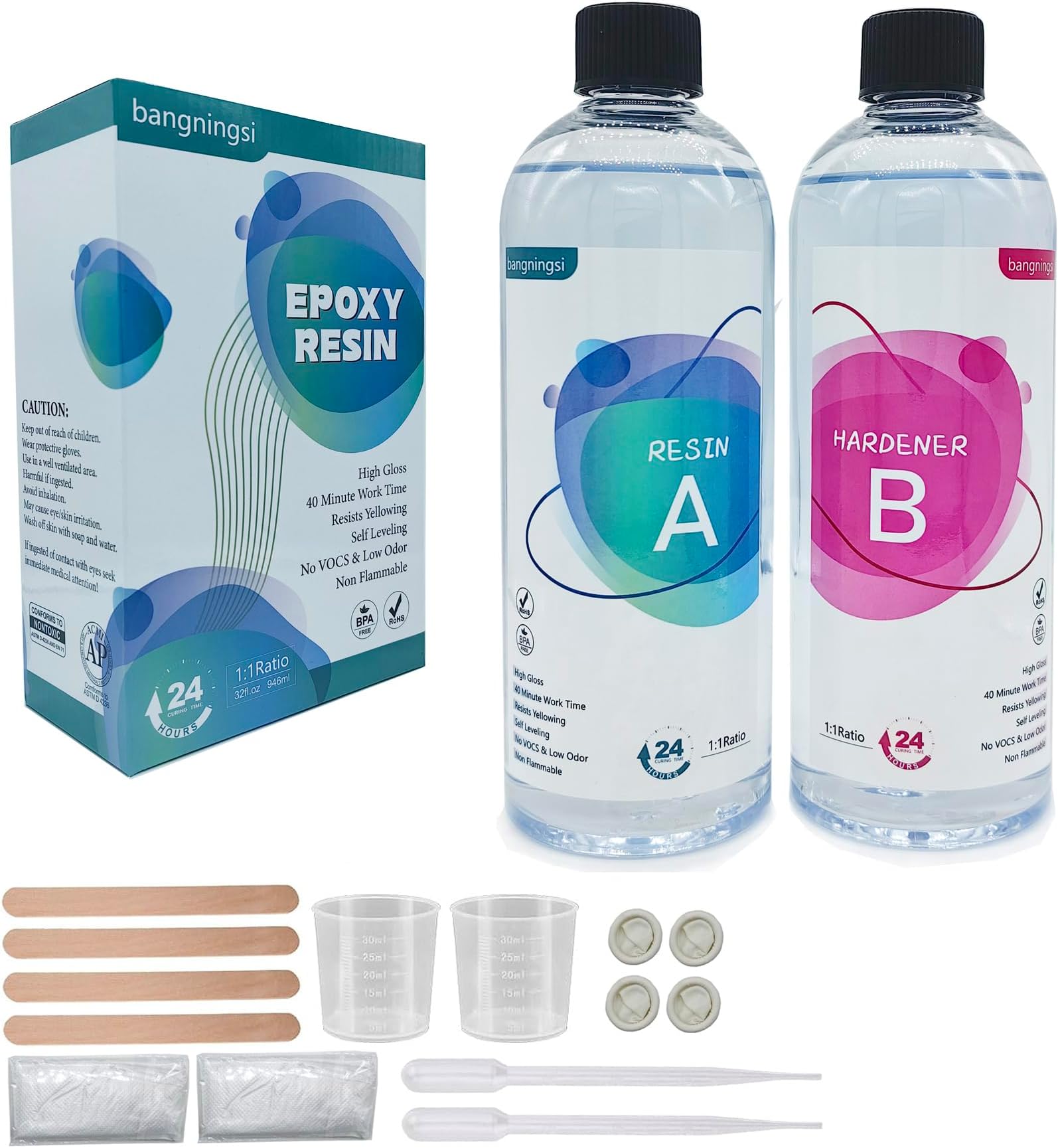 Premium Epoxy Resin,32OZ(946ml) High Gloss Fast Curing Epoxy Resin Kit Crystal Clear-Not Yellowing No Bubble Self Leveling Easy Mix 1:1 Casting & Coating for Jewelry Art Tabletop Countertop Wood Craft