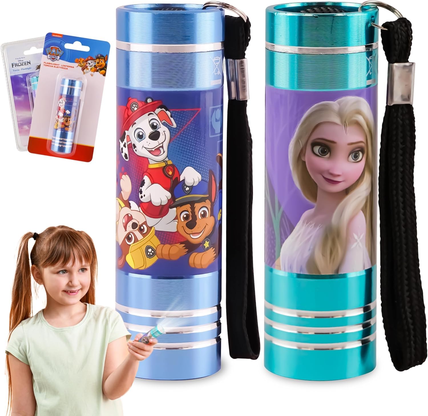 SRV Hub 2Pcs Children's Christmas Torches, Frozen and PAW Patrol LED Torch, Super Bright LED Aluminium Torches, Nightlights with Lanyard for Travel, Kids Xmas Flashlights Gift 3+ Years Size - 8.7cm