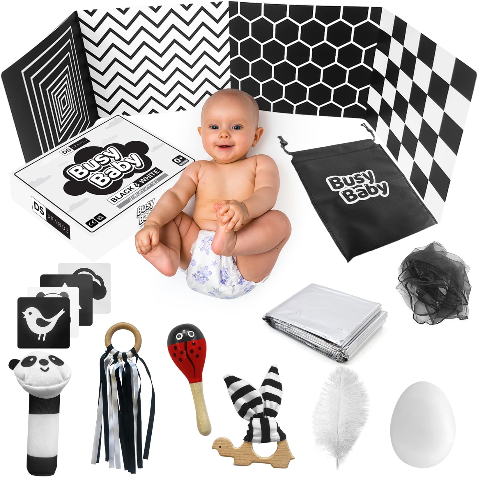 DS Brands Black and White Sensory Toys for Babies - Baby Sensory Toys 0-6 Months - Ribbon Ring, Scarf, Board, Cards, Maracas, Foil Blanket - Newborn Girl Boy Christmas Stocking Filler Gift Box