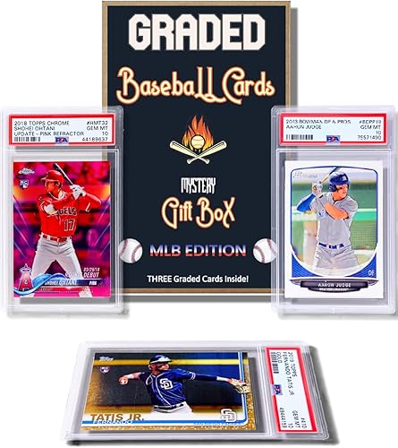 Caja de regalo de tres tarjetas de béisbol graduadas: Edición MLB │Tres tarjetas premium de PSA/BGS con calificación 10, 9.5 o 9 │Autógrafos de
