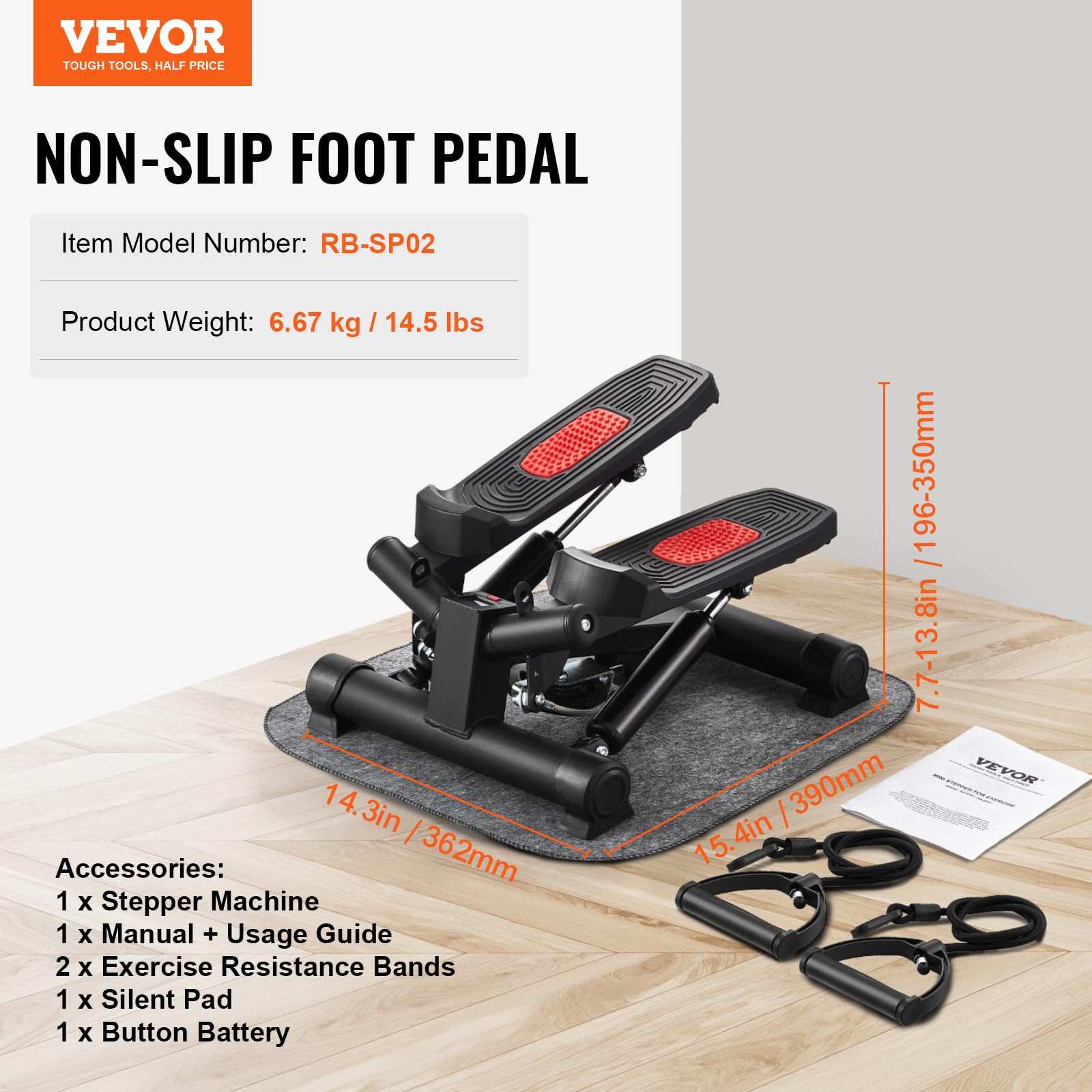 VEVOR Mini domowa mata schodowa do ćwiczeń, hydrauliczna obrotowa z taśmami oporowymi, sprzęt cardio do treningu całego ciała, 390 x 362 x (196-350) mm, czarny