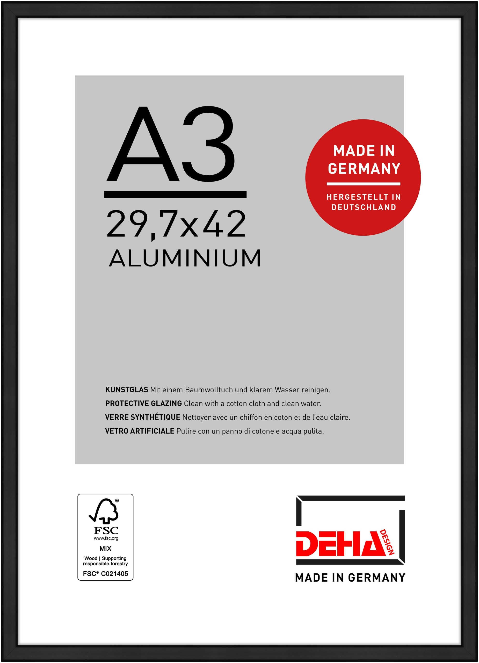 Deha Design Jet Black Matt Boston Aluminium Picture Frame - A3 (29.7X42 Cm) – Matt Black - With Synthetic Glass And Push/Turn Clips