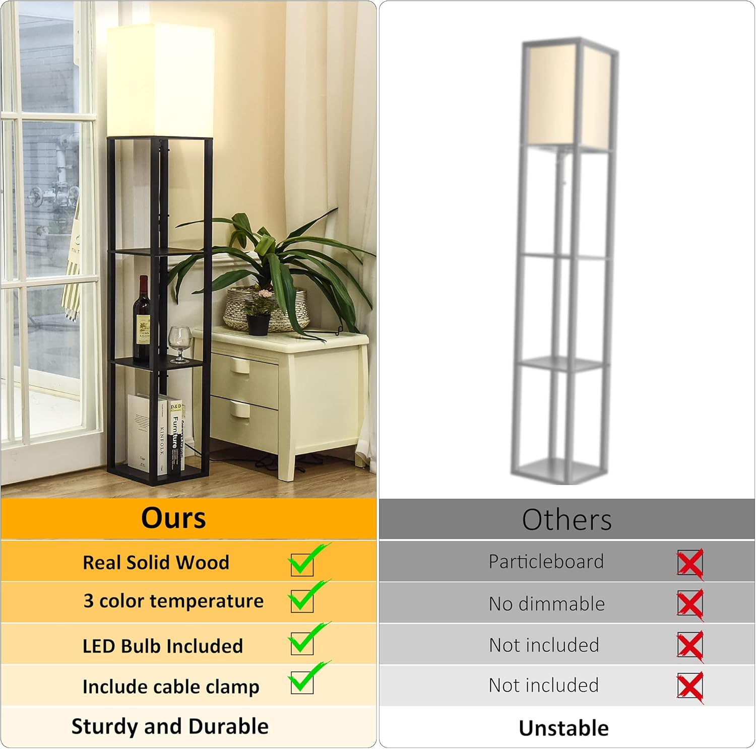 Floor Lamp with Shelves by Solid Wood, Modern Shelf Floor Lamp with 3 Color Temperature, Linen Lampshade and Storage Shelves for Living Room, Bedroom, Bulb Included, Matte Black - - 