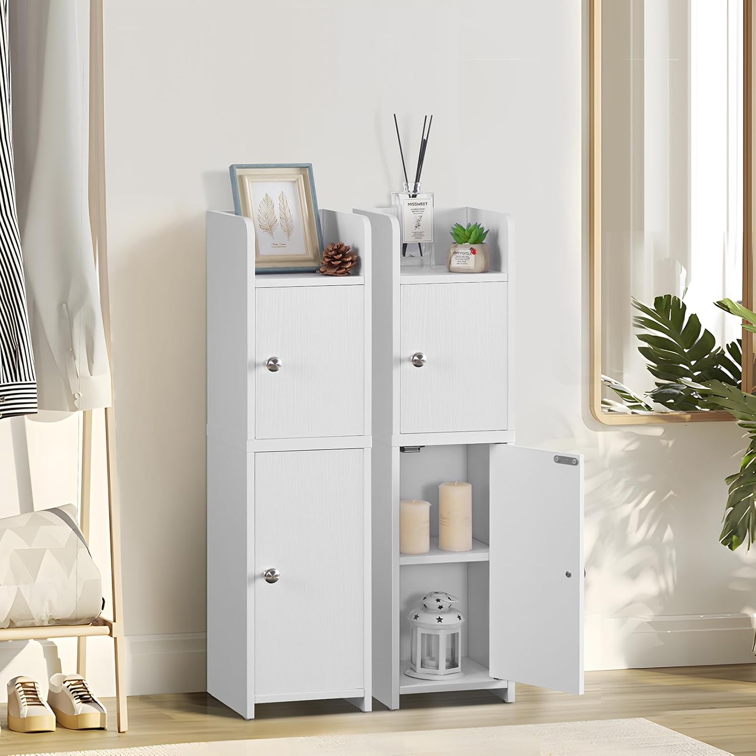 FIONESO Bathroom Cabinet, Small Corner Cabinet with 2 Doors and Adjustable Shelf, Narrow Bathroom Toilet Paper, Storage Organizer for Small Spaces, White