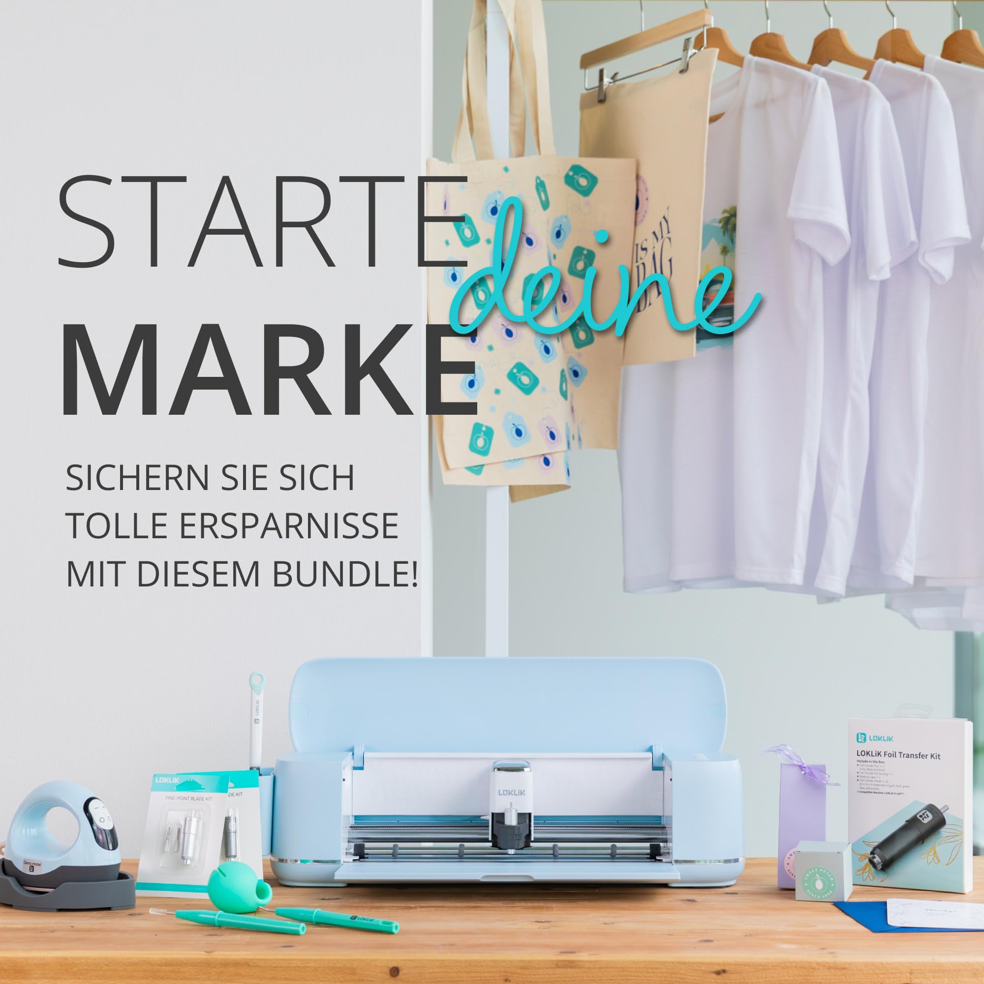 LOKLiK Design-Bündel: Starten Sie Ihre Marke mit der heißen Minipresse und der Schneidemaschine. Passen Sie Stoffe, Gegenstände und Textilien wie T-Shirts, Taschen, Tassen und Sweatshirts an