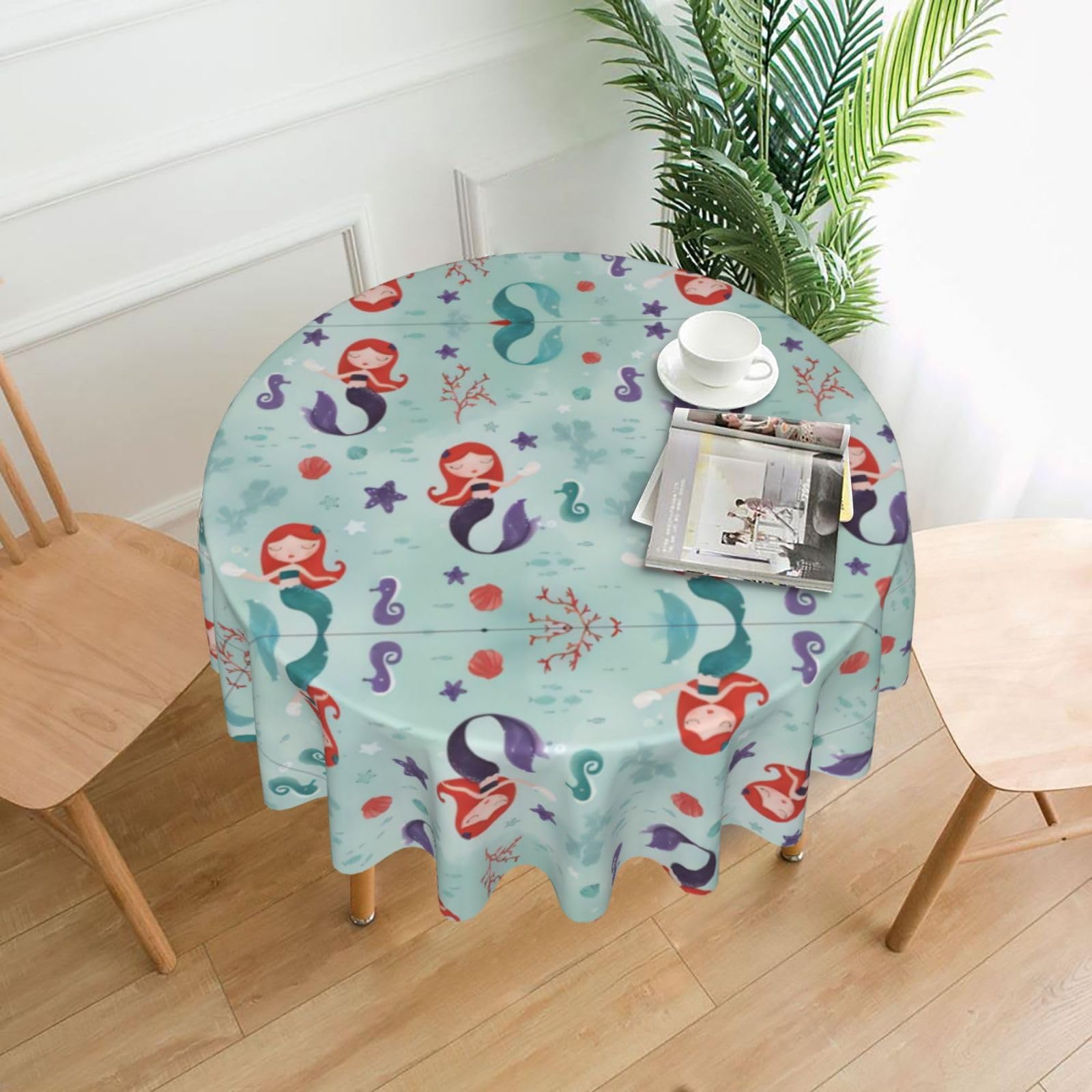 YYHHAOFA Beautiful mermaid Prints Round Decorative Tablecloth 60in - High-Grade Polyester Throw for Dining Tables, Parties, & Outdoor Events
