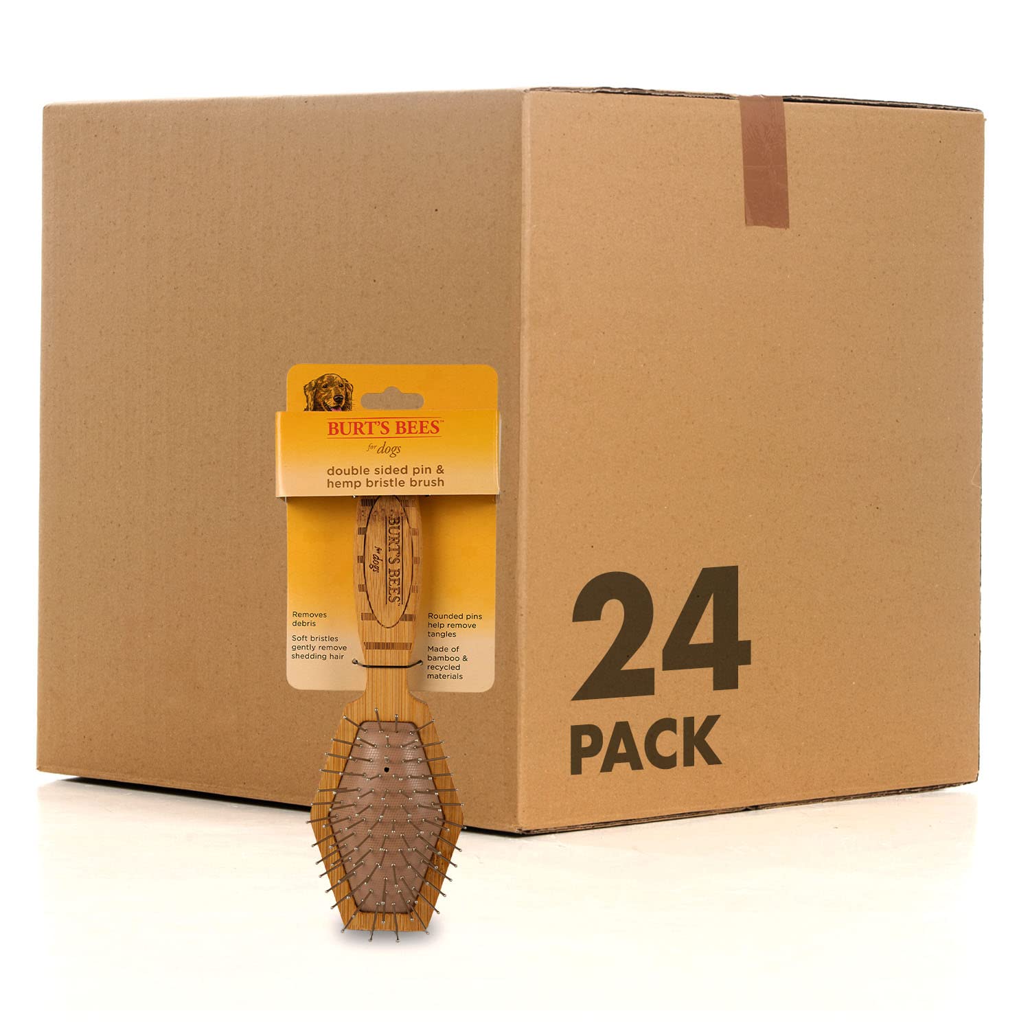 Burt's Bees for Pets Double Sided Pin and Hemp Bristle Dog Brush, Reduces Shedding, Removes Tangles and Loose Hair for All Coat Types, Sustainable Bamboo and Recycled Materials - 24 Pack